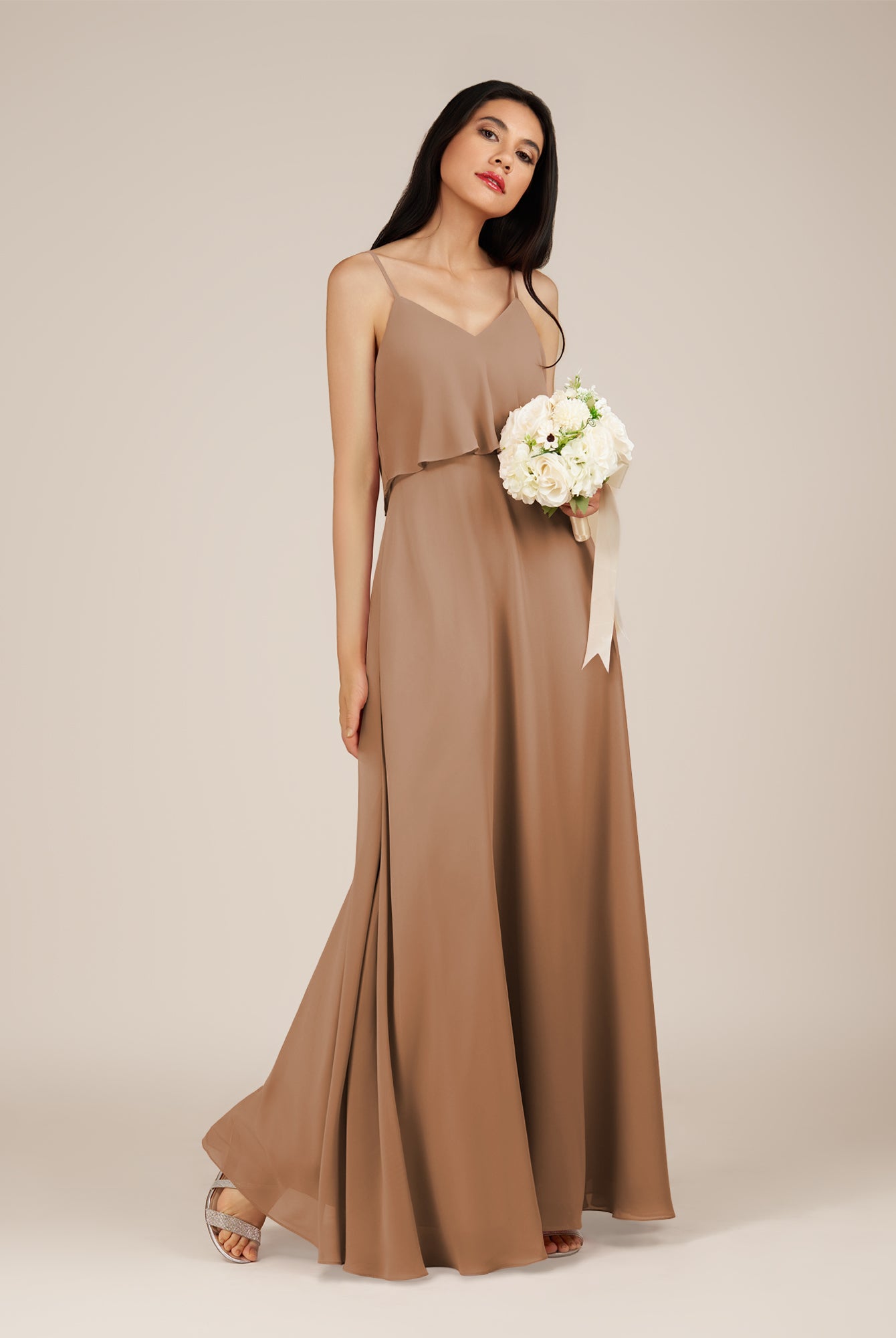 KissDress-Branwyn Bronzer A Line V Neck Chiffon Long Bridesmaid Dress with Ruffles