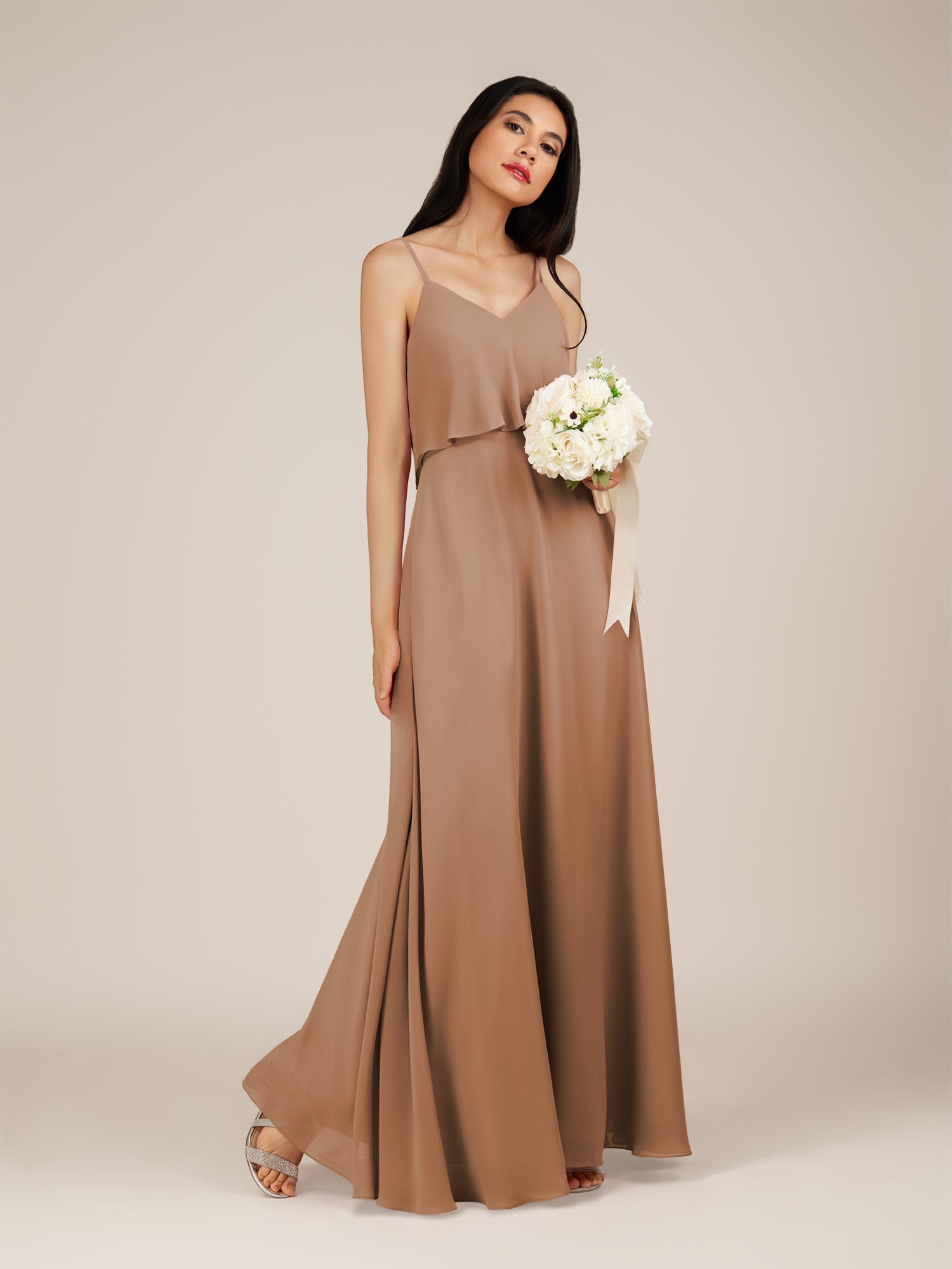 KissDress-Branwyn Bronzer A Line V Neck Chiffon Long Bridesmaid Dress with Ruffles