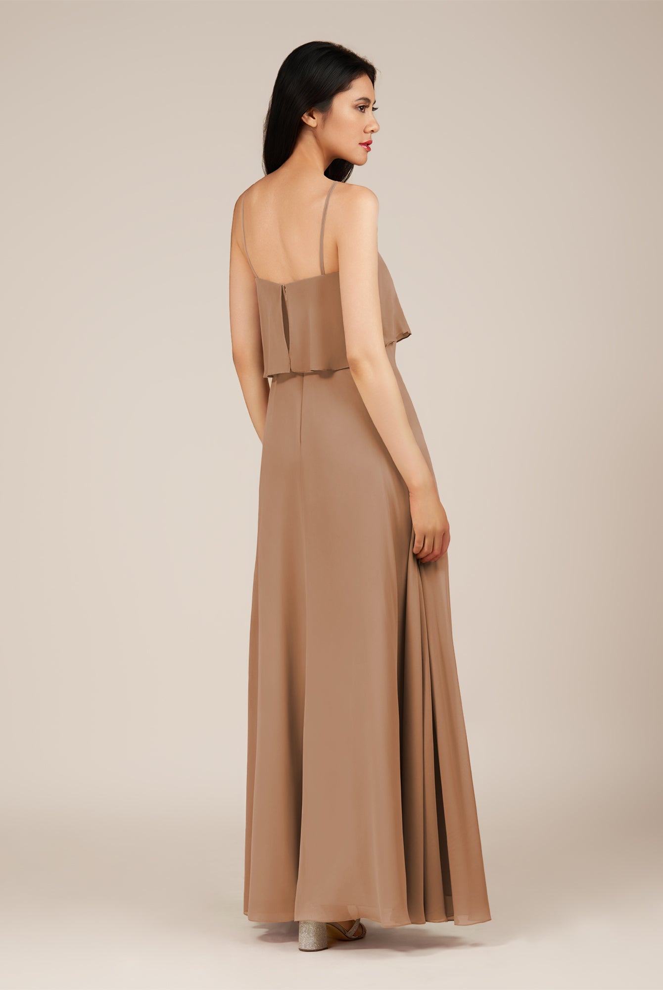 KissDress-Branwyn Bronzer A Line V Neck Chiffon Long Bridesmaid Dress with Ruffles