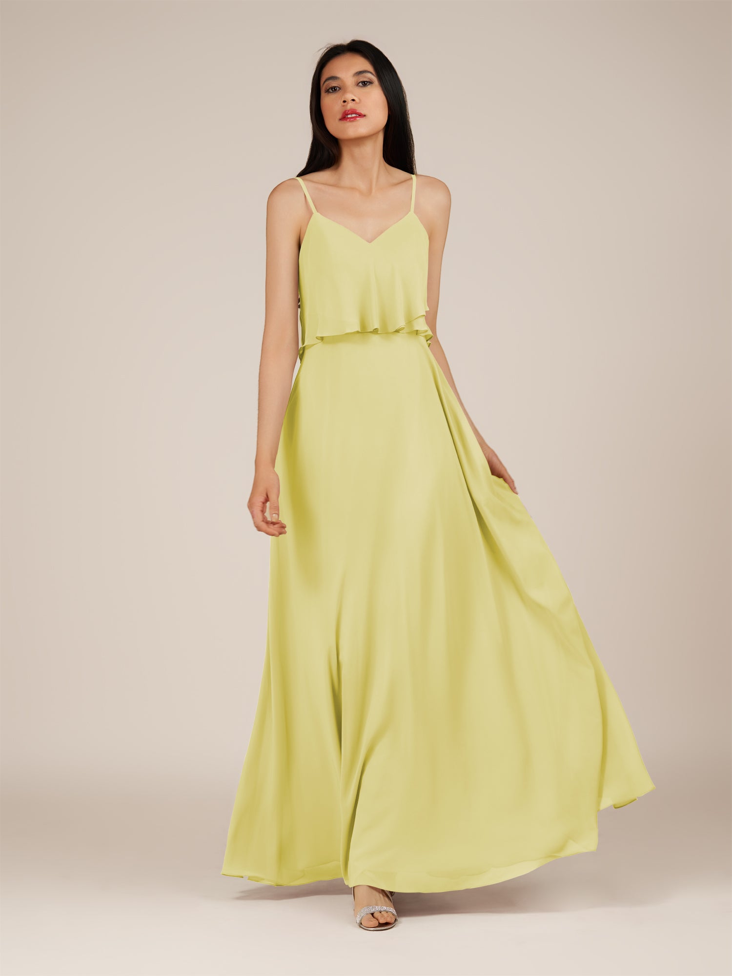 KissDress-Branwyn Buttercup A Line V Neck Chiffon Long Bridesmaid Dress with Ruffles