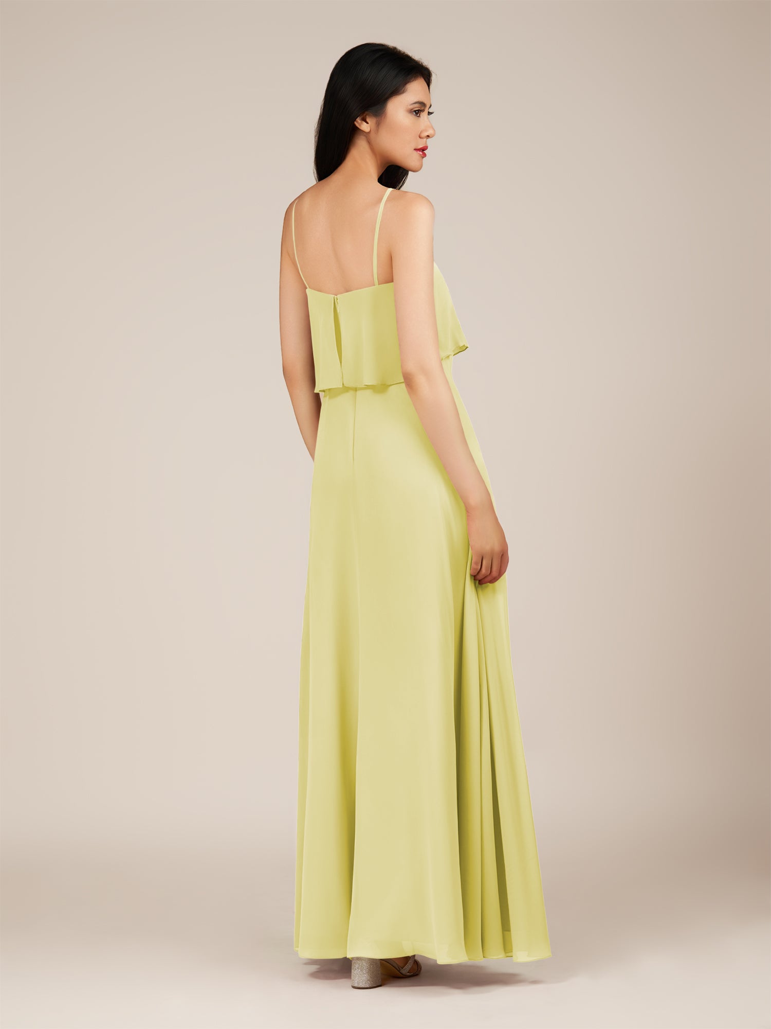 KissDress-Branwyn Buttercup A Line V Neck Chiffon Long Bridesmaid Dress with Ruffles