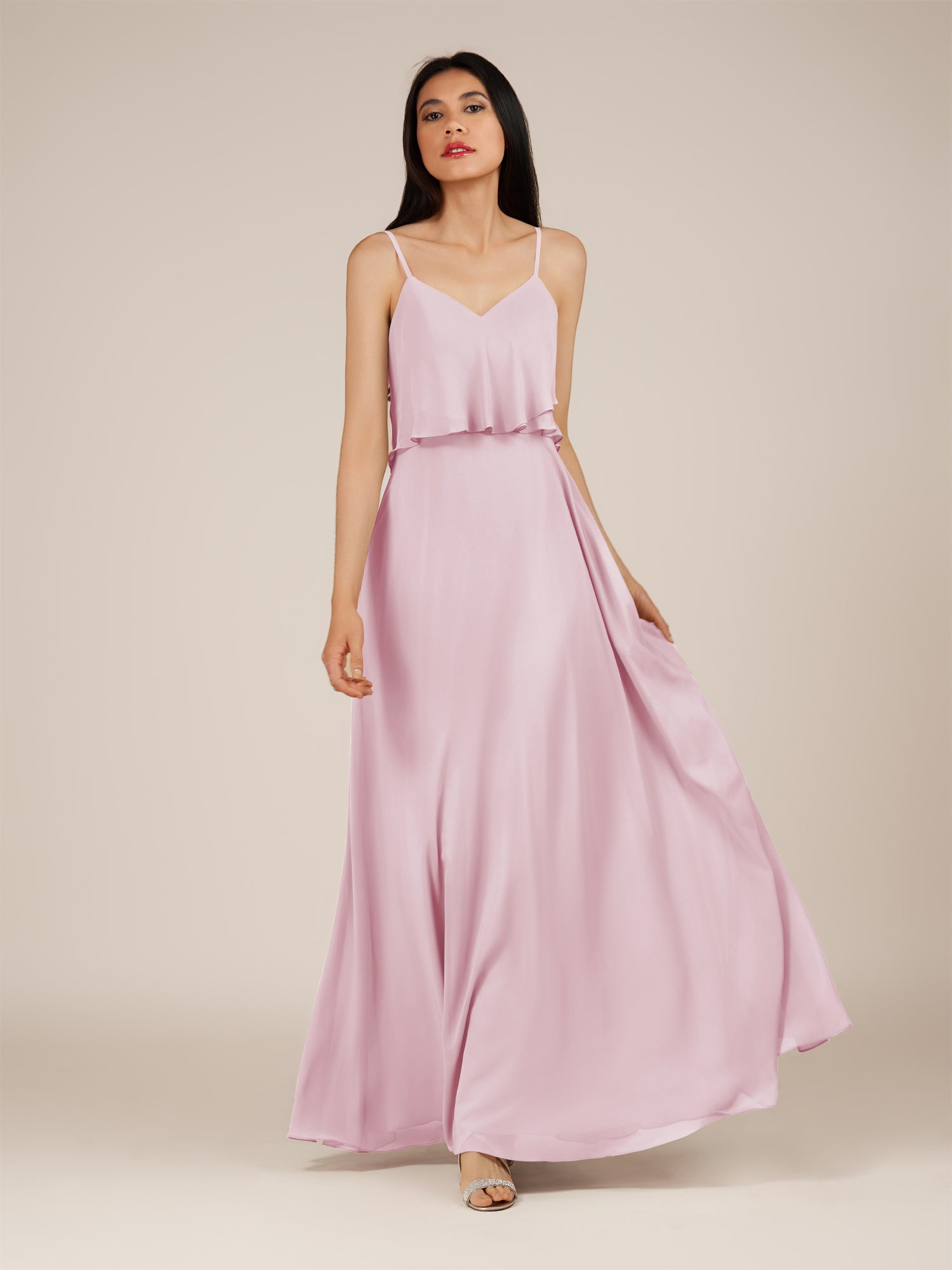 KissDress-Branwyn Candy Pink A Line V Neck Chiffon Long Bridesmaid Dress with Ruffles