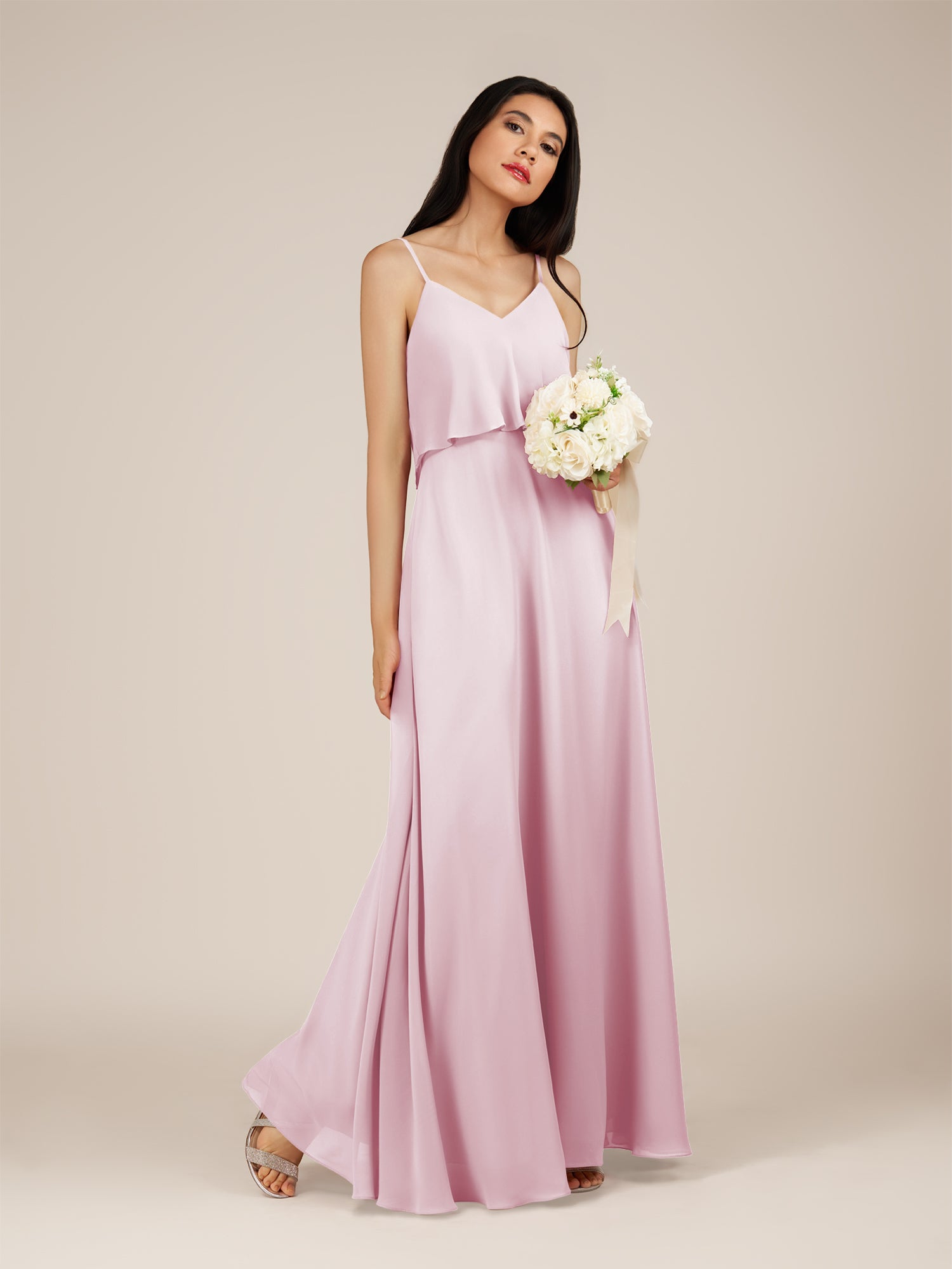 KissDress-Branwyn Candy Pink A Line V Neck Chiffon Long Bridesmaid Dress with Ruffles