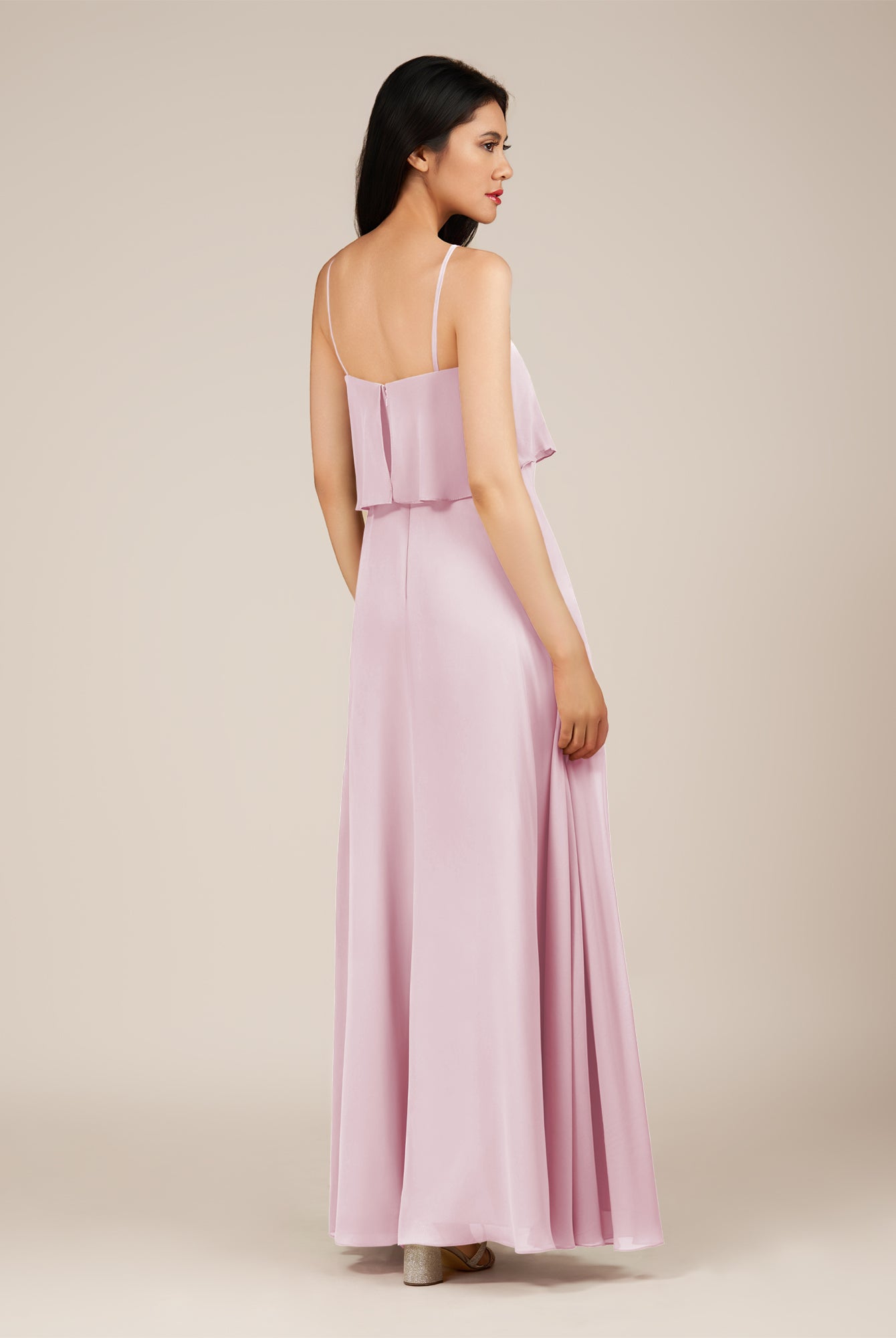KissDress-Branwyn Candy Pink A Line V Neck Chiffon Long Bridesmaid Dress with Ruffles