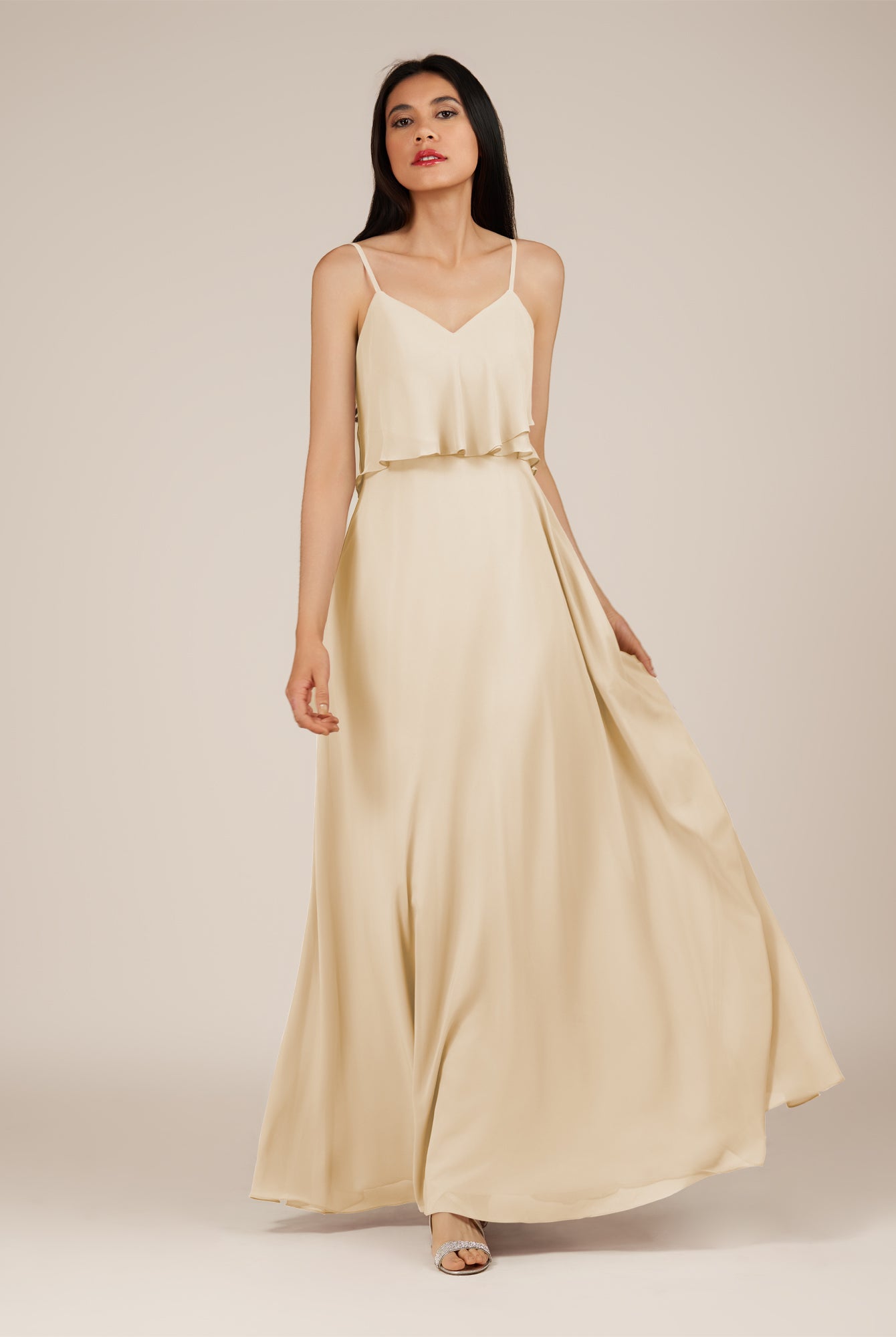 KissDress-Branwyn Champagne A Line V Neck Chiffon Long Bridesmaid Dress with Ruffles