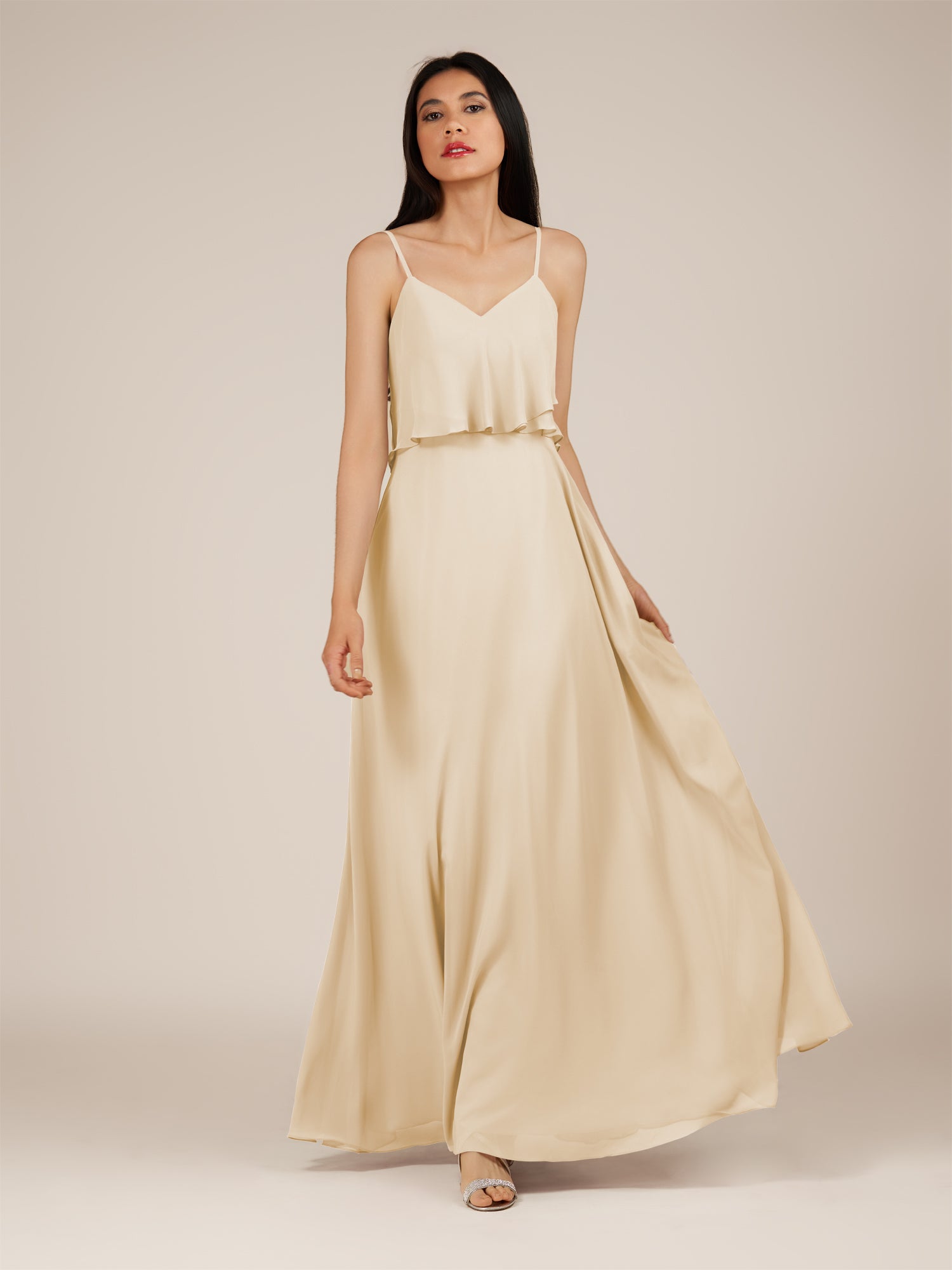 KissDress-Branwyn Champagne A Line V Neck Chiffon Long Bridesmaid Dress with Ruffles