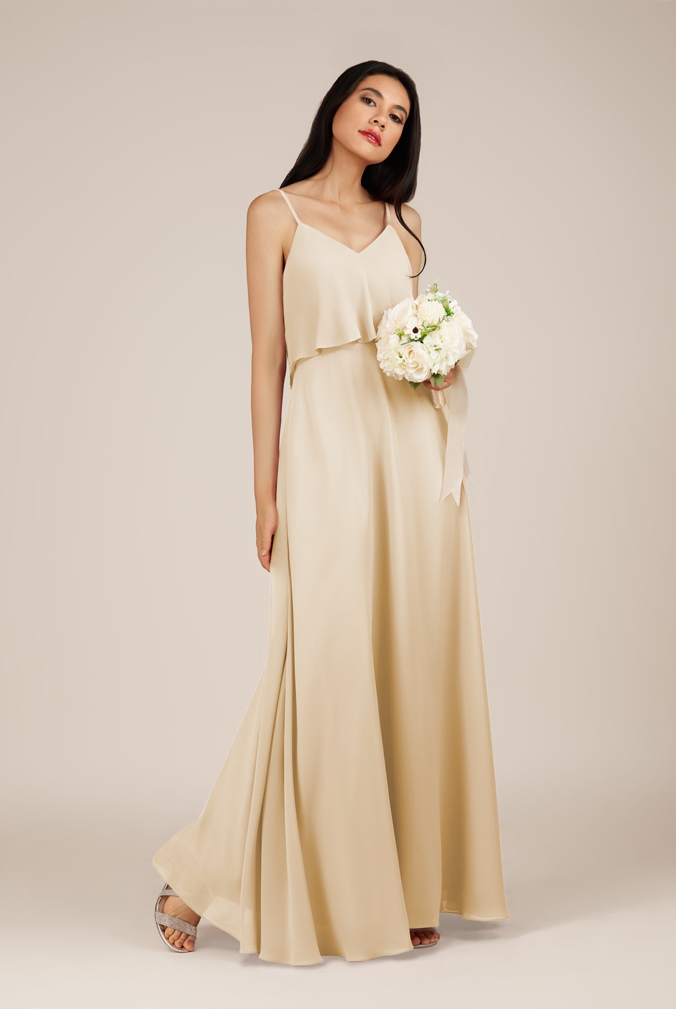 KissDress-Branwyn Champagne A Line V Neck Chiffon Long Bridesmaid Dress with Ruffles
