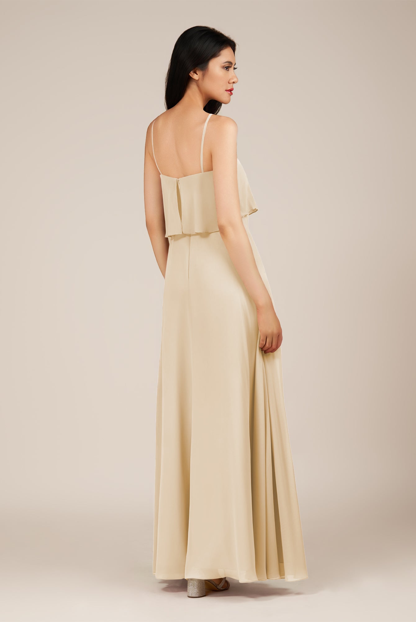 KissDress-Branwyn Champagne A Line V Neck Chiffon Long Bridesmaid Dress with Ruffles