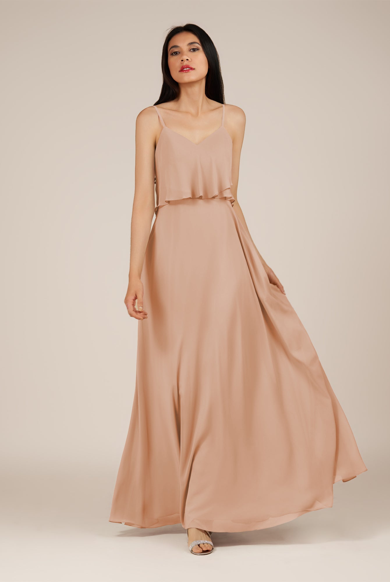 KissDress-Branwyn Champagne Rose A Line V Neck Chiffon Long Bridesmaid Dress with Ruffles