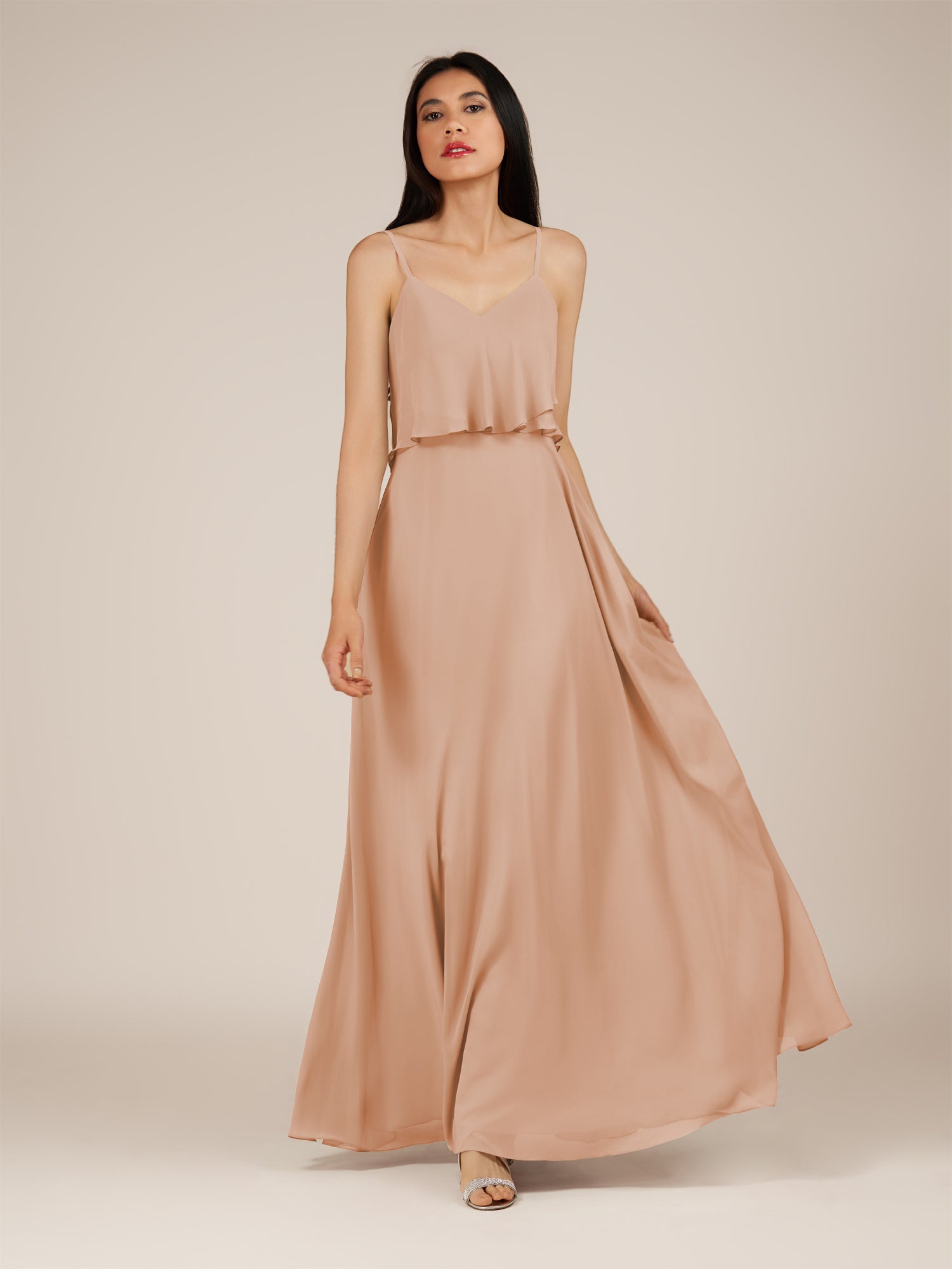 KissDress-Branwyn Champagne Rose A Line V Neck Chiffon Long Bridesmaid Dress with Ruffles