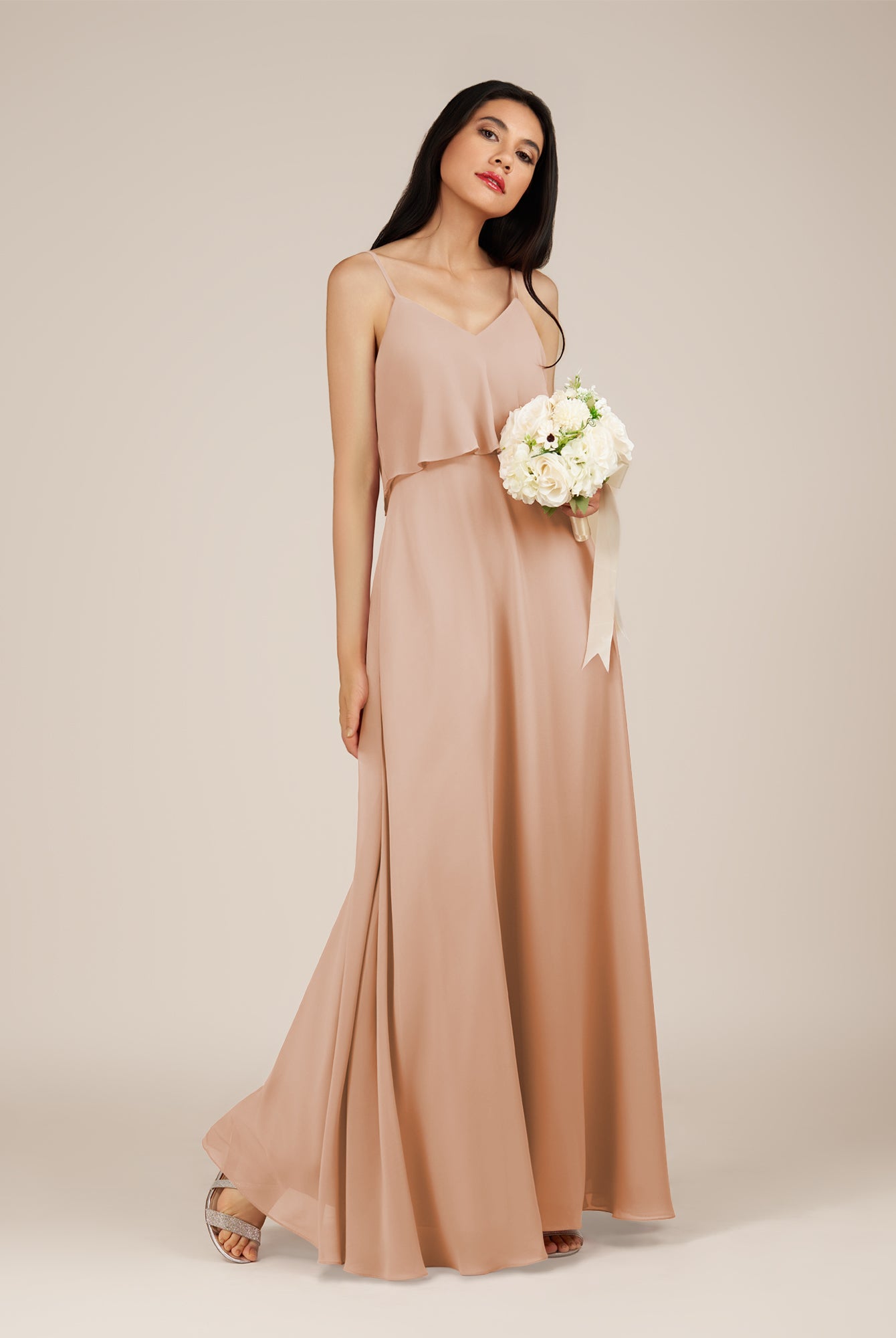 KissDress-Branwyn Champagne Rose A Line V Neck Chiffon Long Bridesmaid Dress with Ruffles