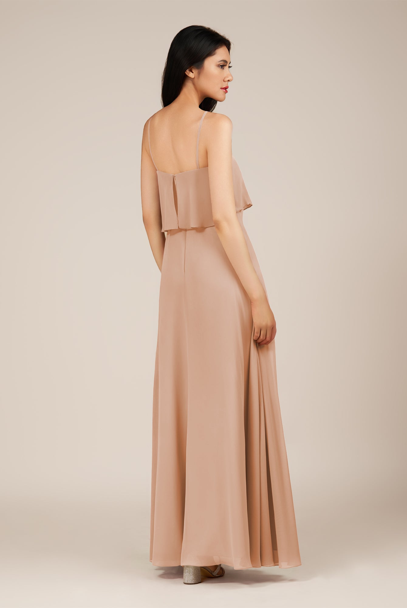 KissDress-Branwyn Champagne Rose A Line V Neck Chiffon Long Bridesmaid Dress with Ruffles