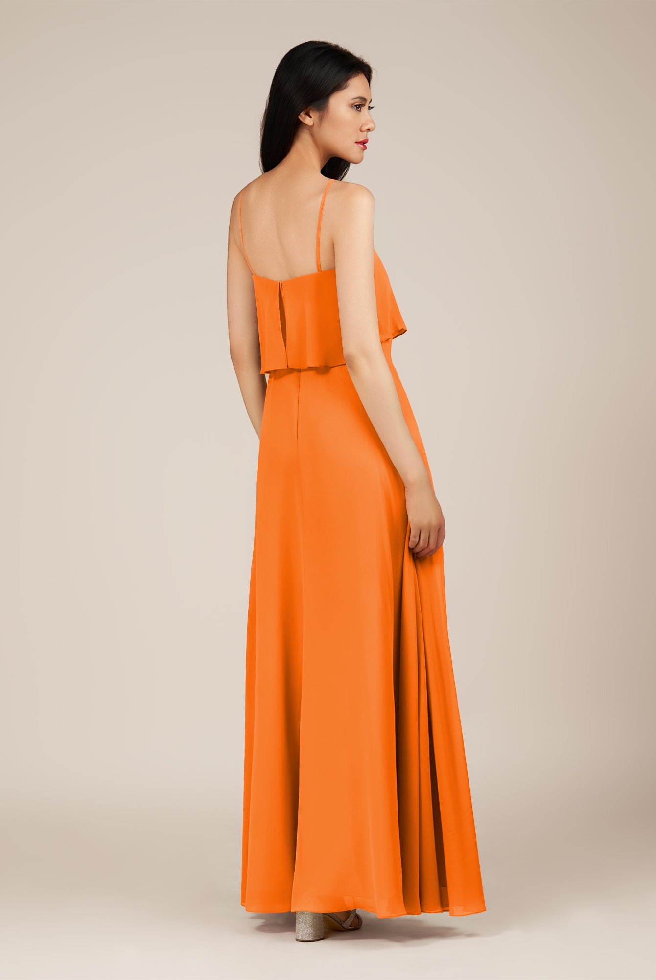 KissDress-Branwyn Cinnamon A Line V Neck Chiffon Long Bridesmaid Dress with Ruffles