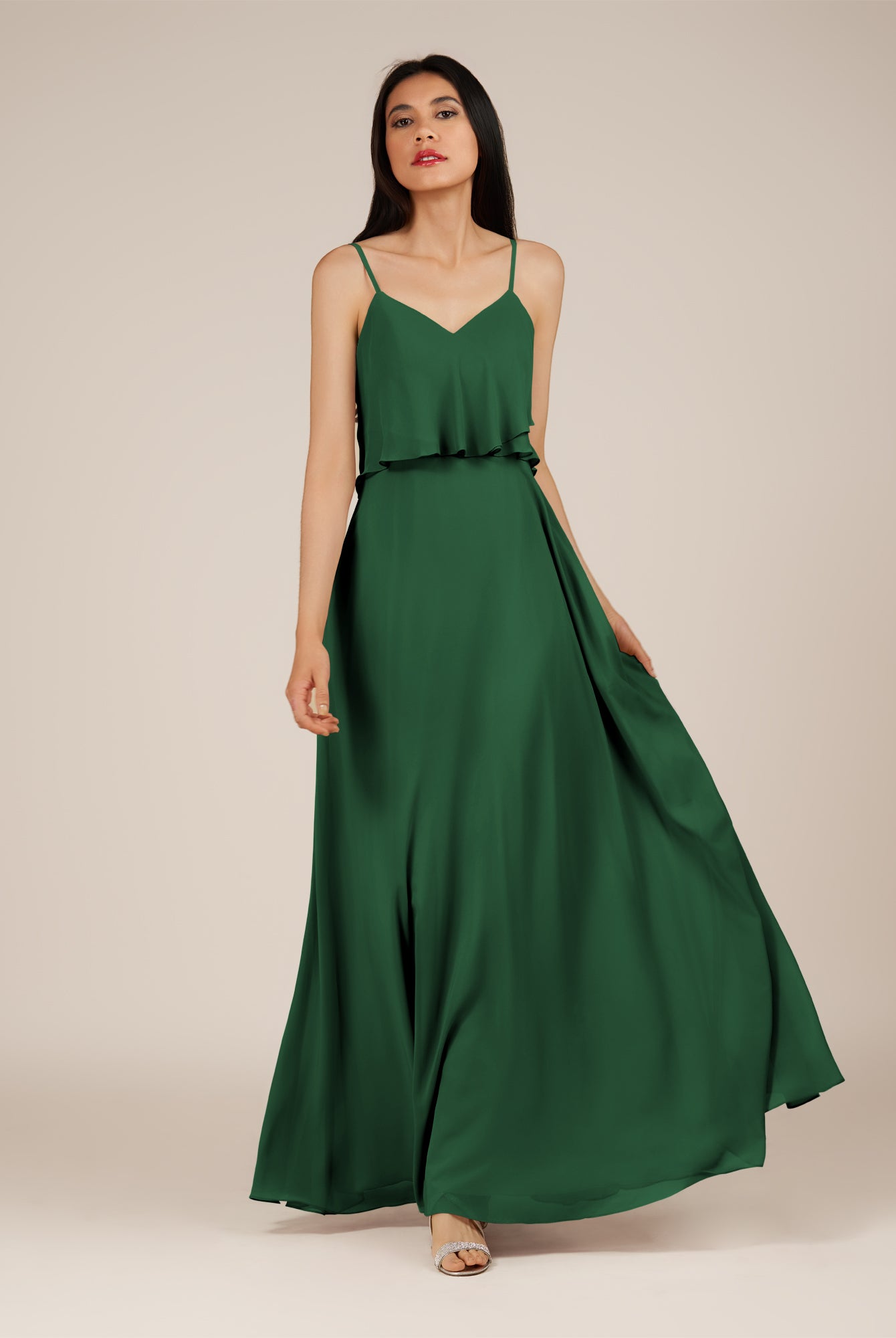 KissDress-Branwyn Dark Green A Line V Neck Chiffon Long Bridesmaid Dress with Ruffles