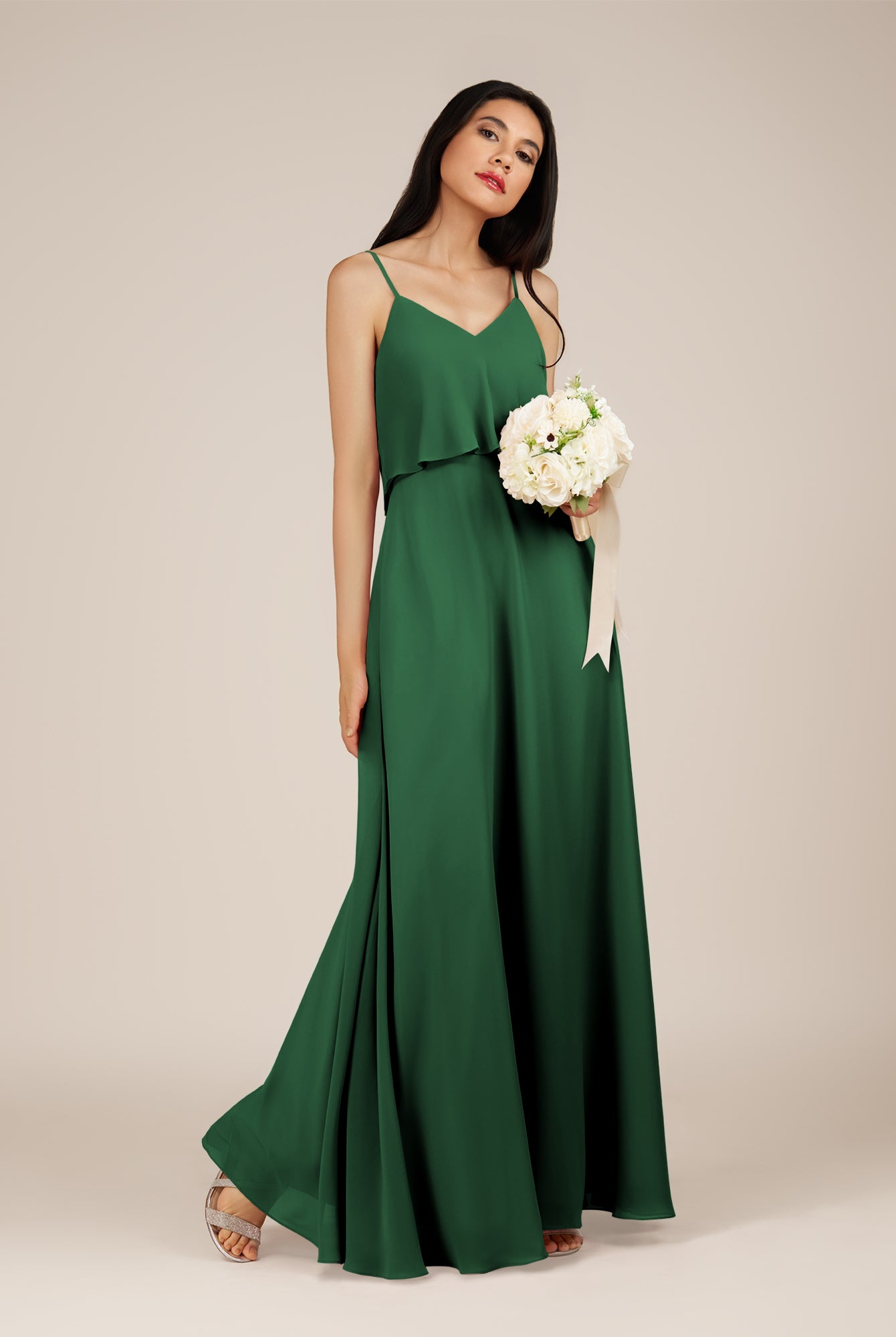 KissDress-Branwyn Dark Green A Line V Neck Chiffon Long Bridesmaid Dress with Ruffles