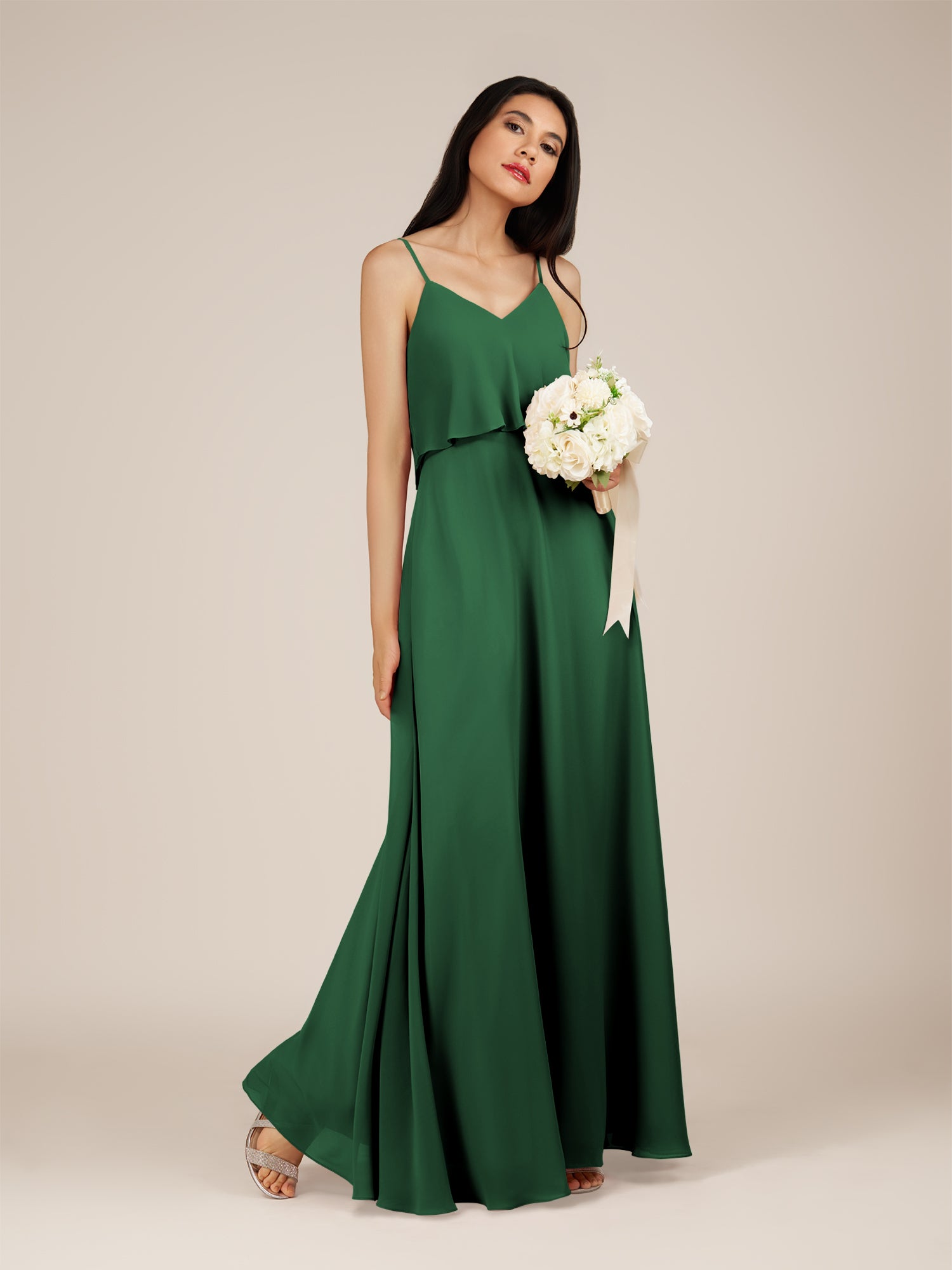 KissDress-Branwyn Dark Green A Line V Neck Chiffon Long Bridesmaid Dress with Ruffles