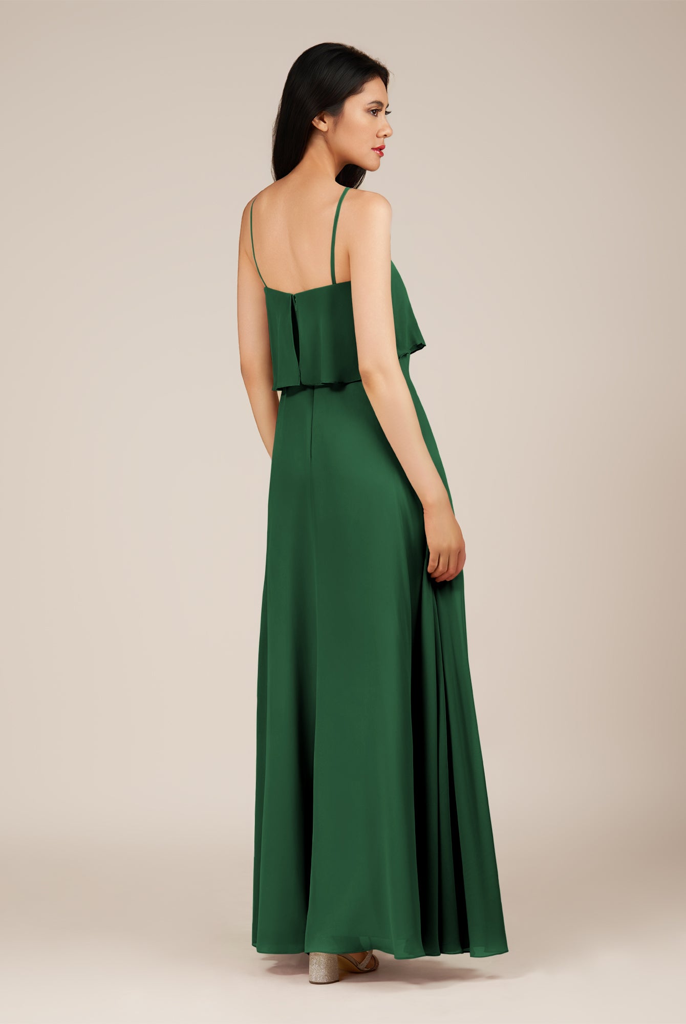 KissDress-Branwyn Dark Green A Line V Neck Chiffon Long Bridesmaid Dress with Ruffles