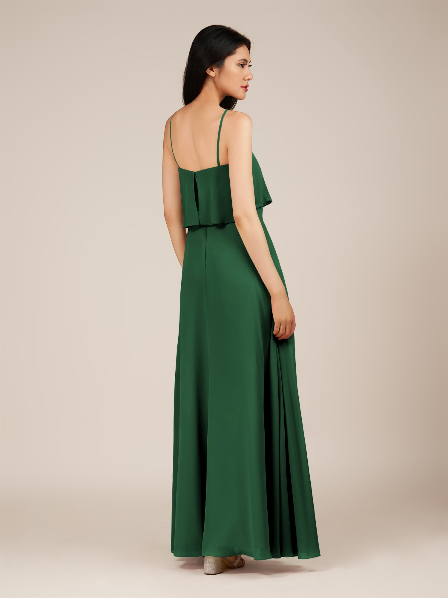 KissDress-Branwyn Dark Green A Line V Neck Chiffon Long Bridesmaid Dress with Ruffles