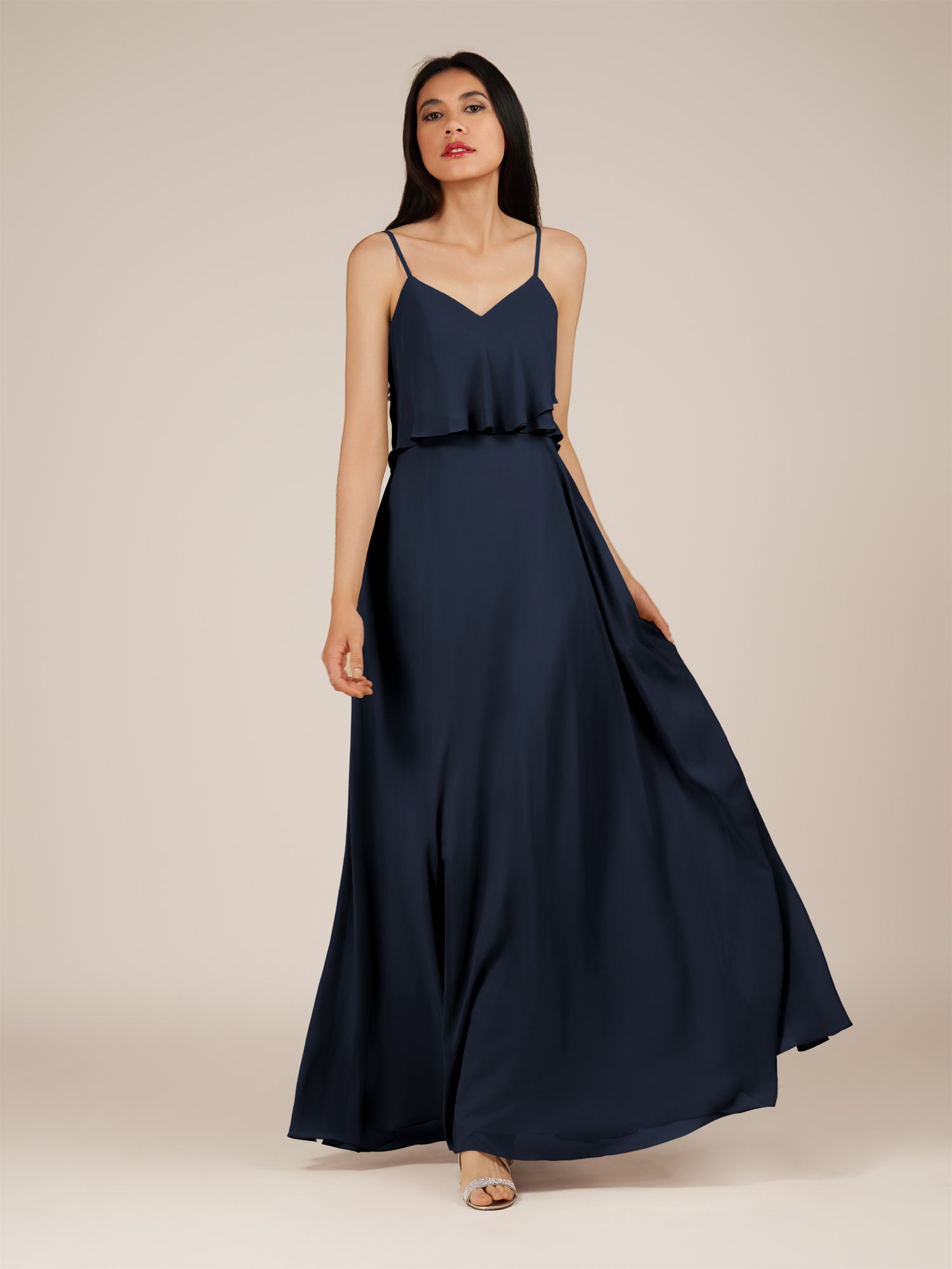 KissDress-Branwyn Dark Navy A Line V Neck Chiffon Long Bridesmaid Dress with Ruffles