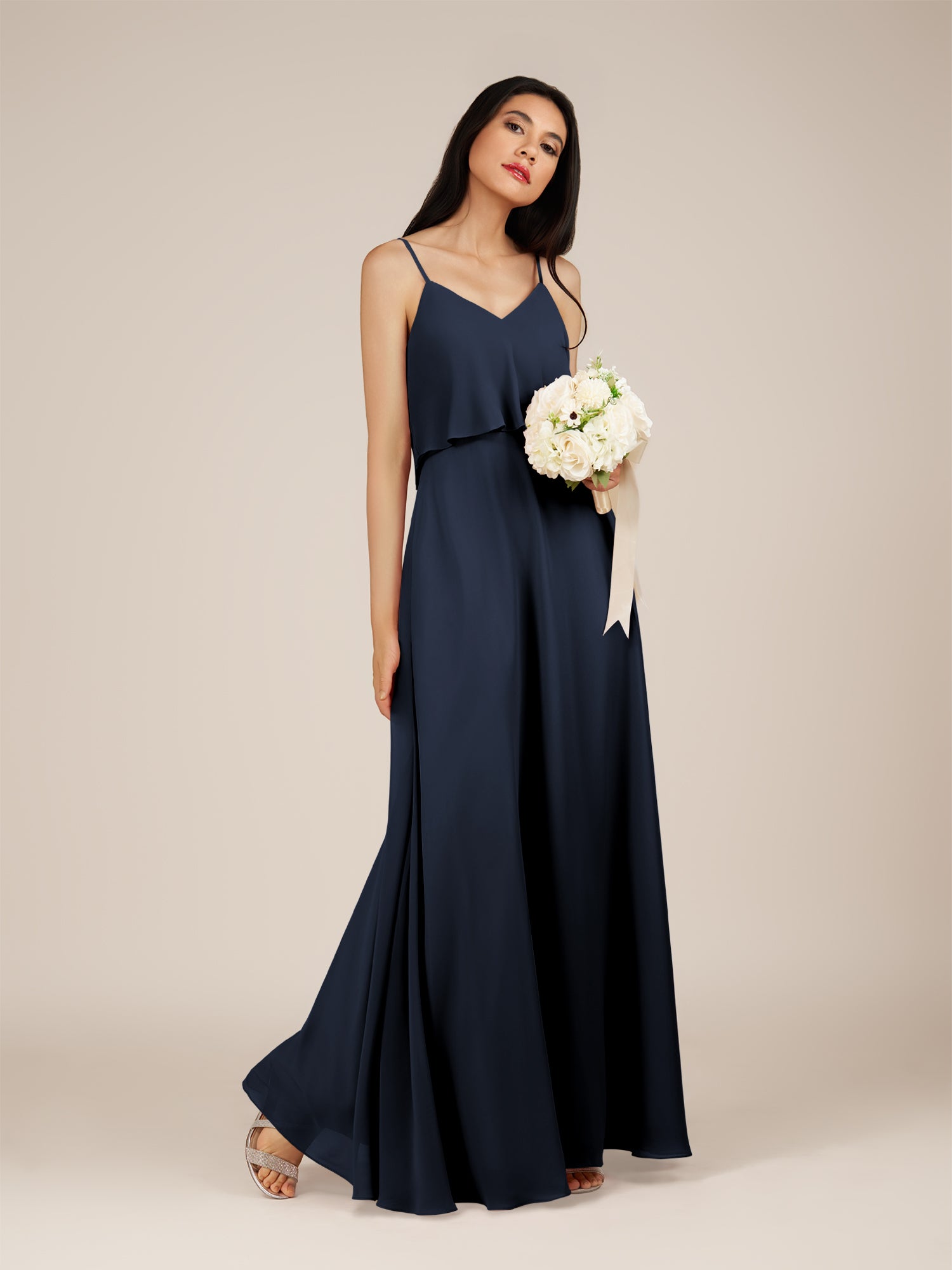 KissDress-Branwyn Dark Navy A Line V Neck Chiffon Long Bridesmaid Dress with Ruffles