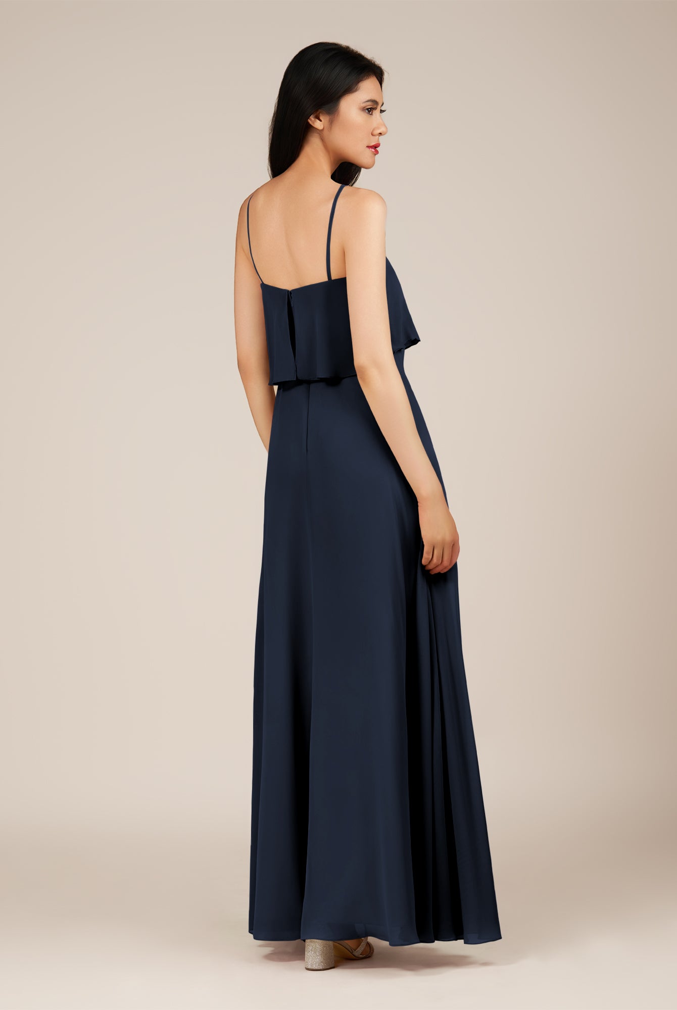 KissDress-Branwyn Dark Navy A Line V Neck Chiffon Long Bridesmaid Dress with Ruffles