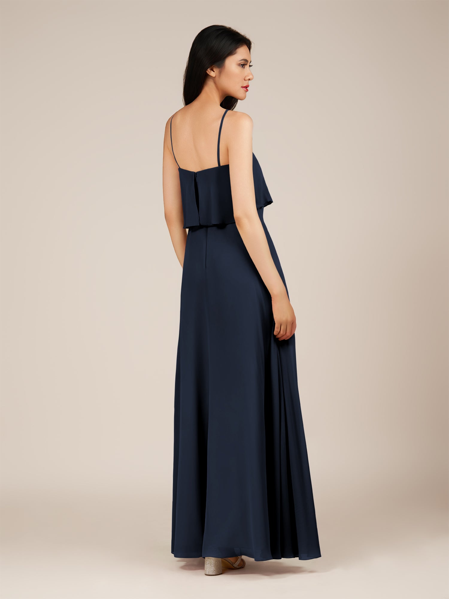 KissDress-Branwyn Dark Navy A Line V Neck Chiffon Long Bridesmaid Dress with Ruffles