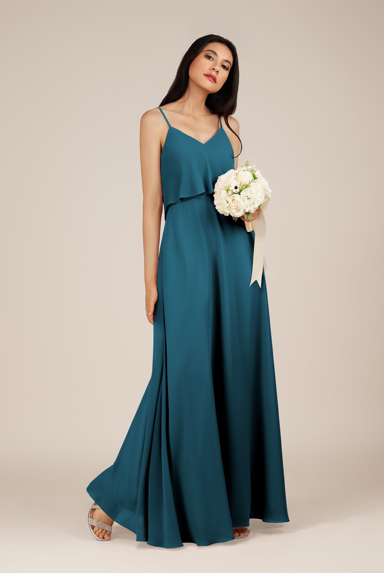KissDress-Branwyn Dark Teal A Line V Neck Chiffon Long Bridesmaid Dress with Ruffles