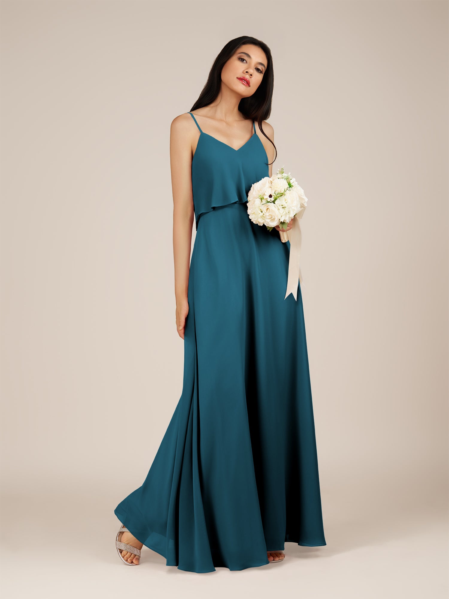 KissDress-Branwyn Dark Teal A Line V Neck Chiffon Long Bridesmaid Dress with Ruffles