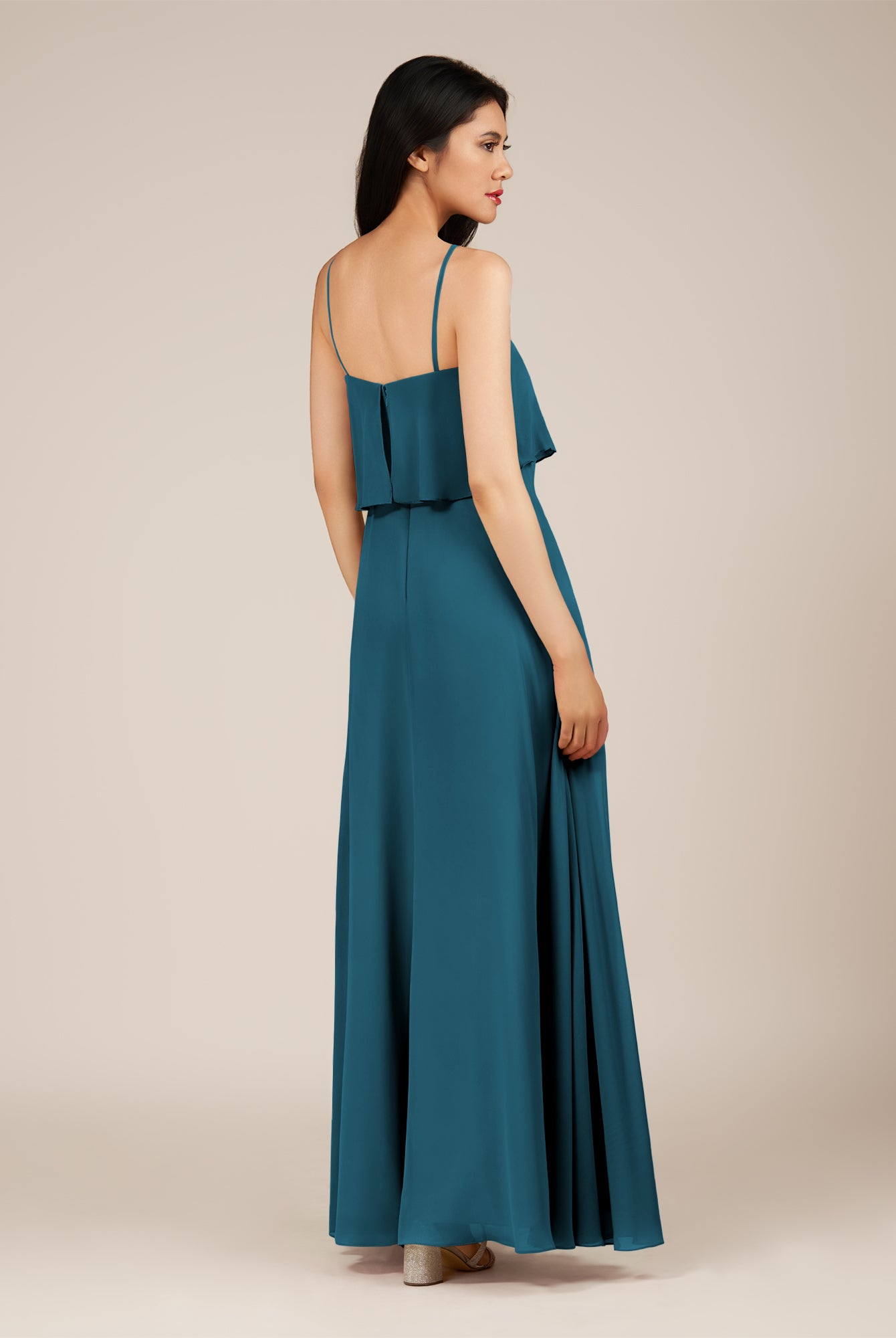 KissDress-Branwyn Dark Teal A Line V Neck Chiffon Long Bridesmaid Dress with Ruffles