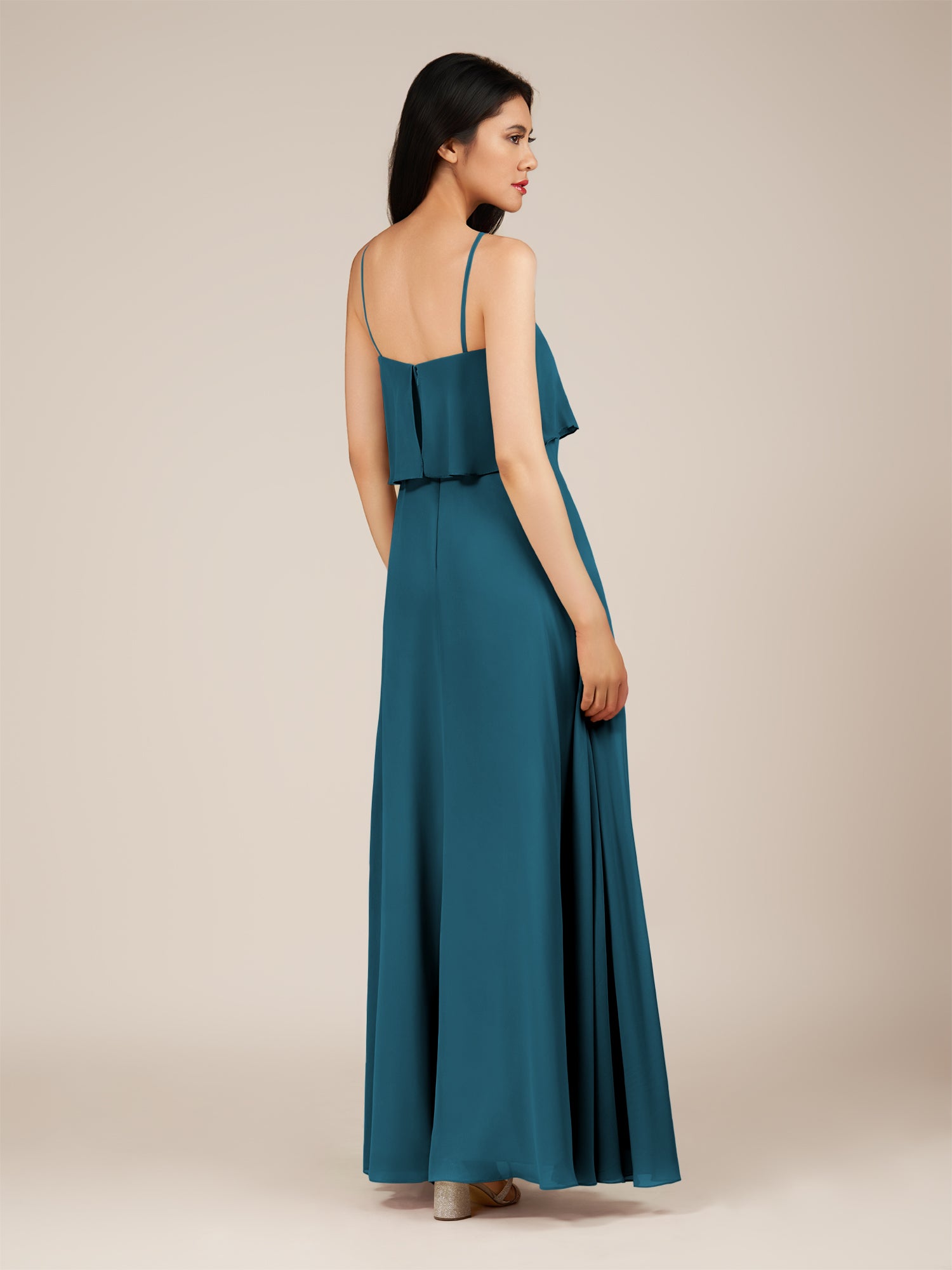 KissDress-Branwyn Dark Teal A Line V Neck Chiffon Long Bridesmaid Dress with Ruffles