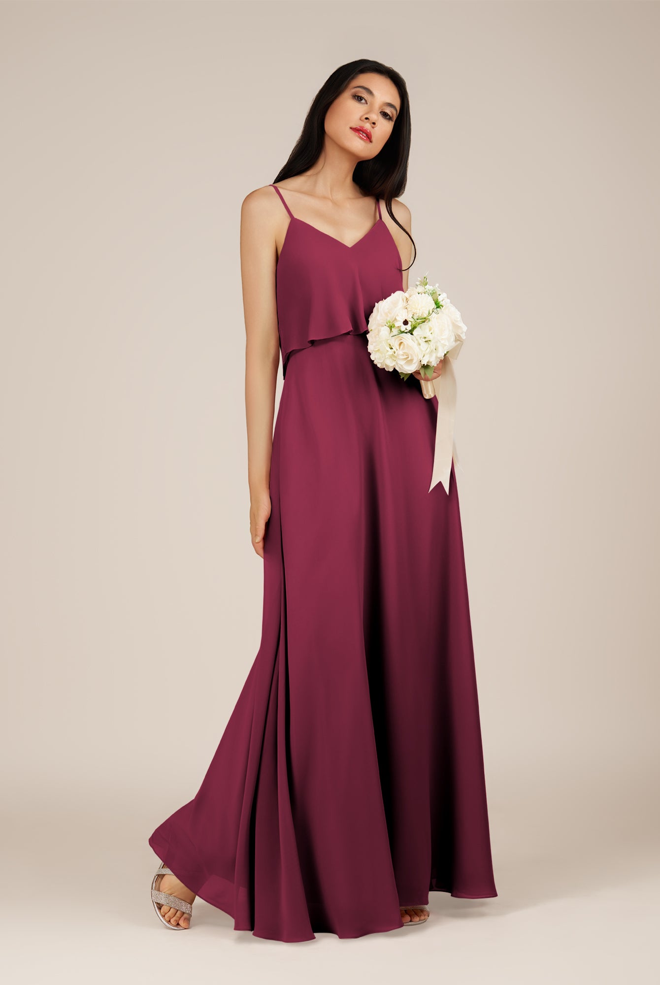 KissDress-Branwyn Desert Rose A Line V Neck Chiffon Long Bridesmaid Dress with Ruffles