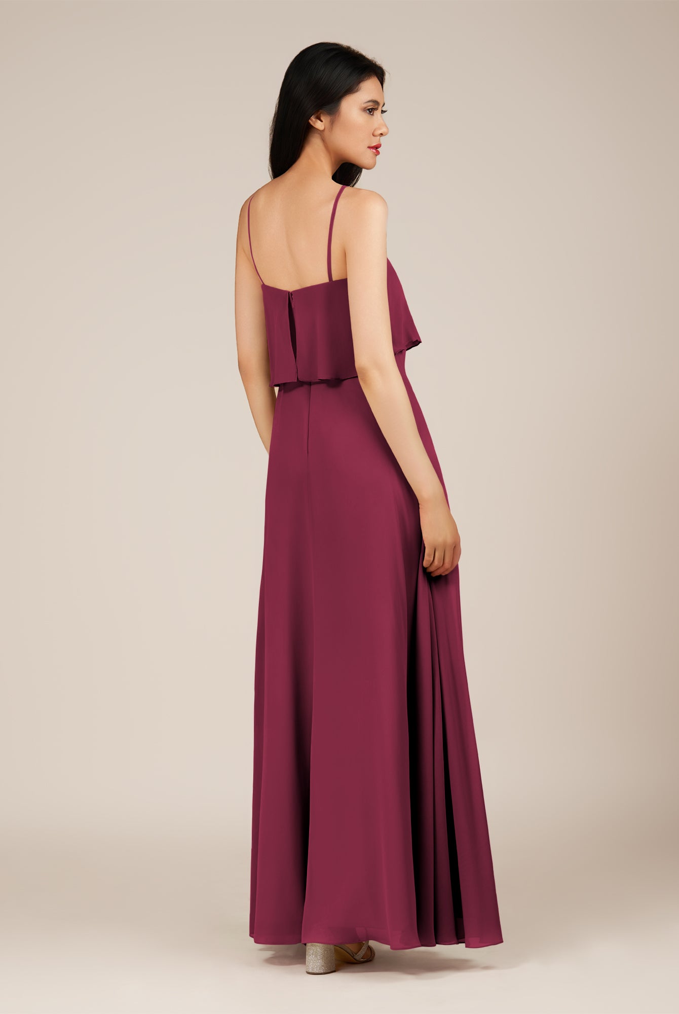 KissDress-Branwyn Desert Rose A Line V Neck Chiffon Long Bridesmaid Dress with Ruffles
