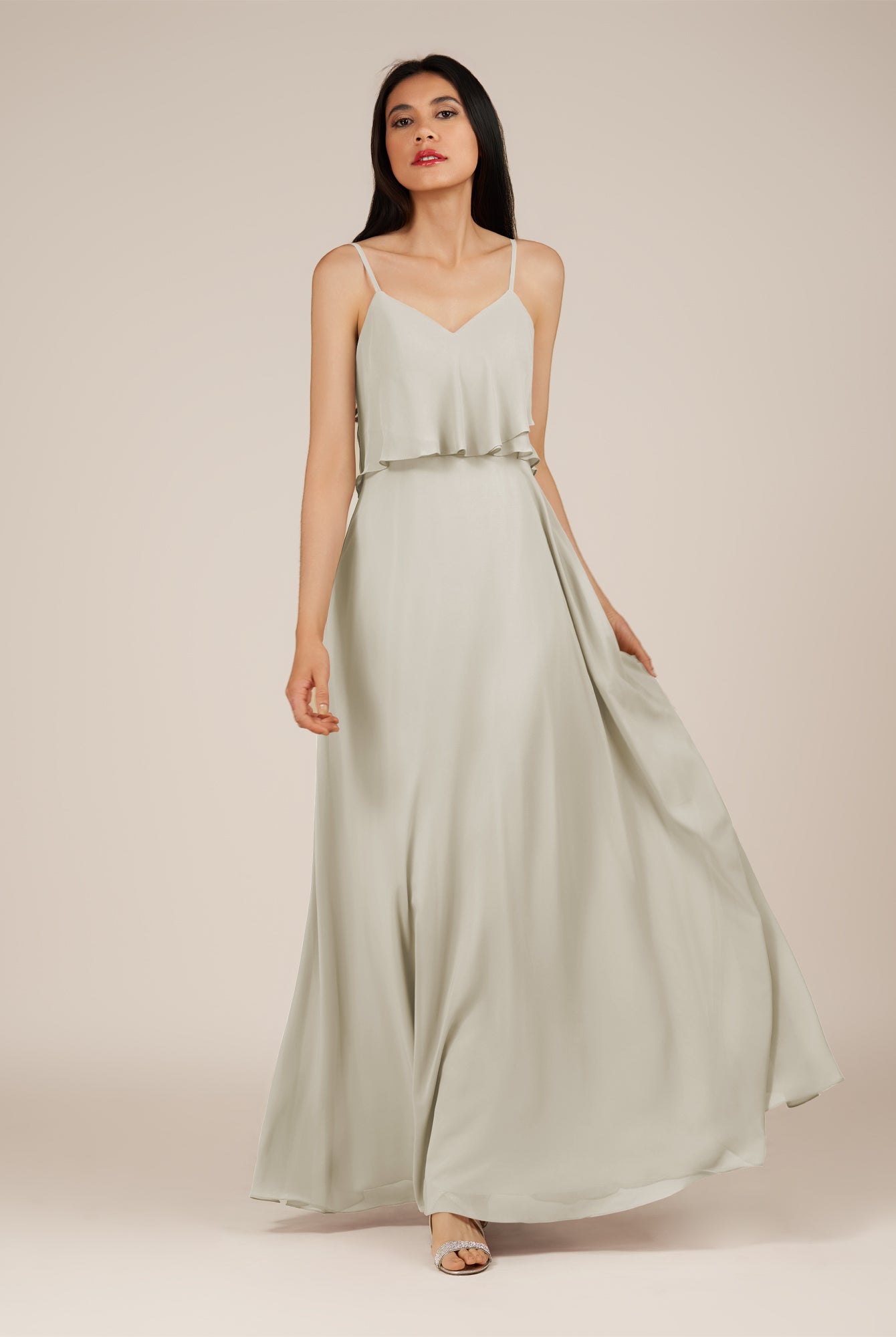 KissDress-Branwyn Dove Gray A Line V Neck Chiffon Long Bridesmaid Dress with Ruffles