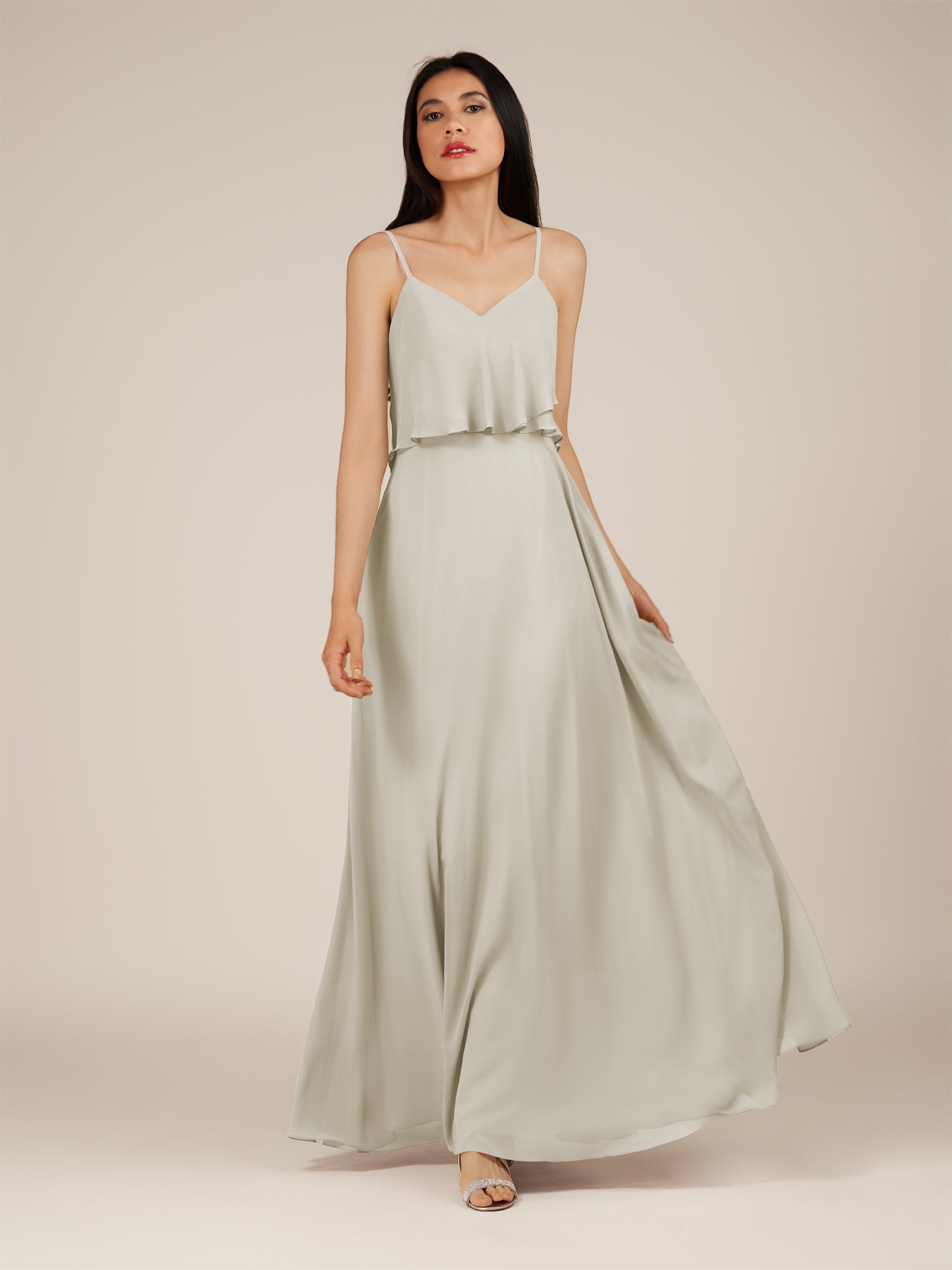 KissDress-Branwyn Dove Gray A Line V Neck Chiffon Long Bridesmaid Dress with Ruffles