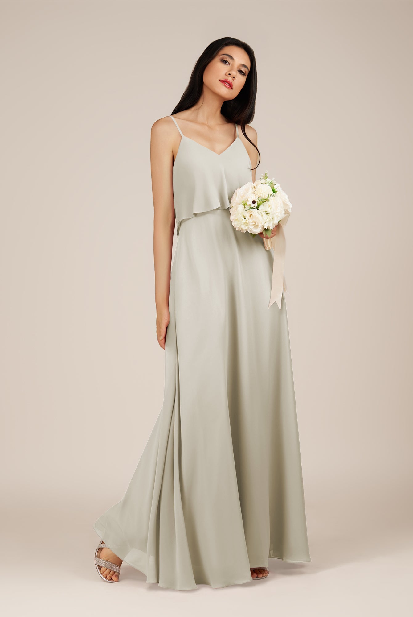 KissDress-Branwyn Dove Gray A Line V Neck Chiffon Long Bridesmaid Dress with Ruffles