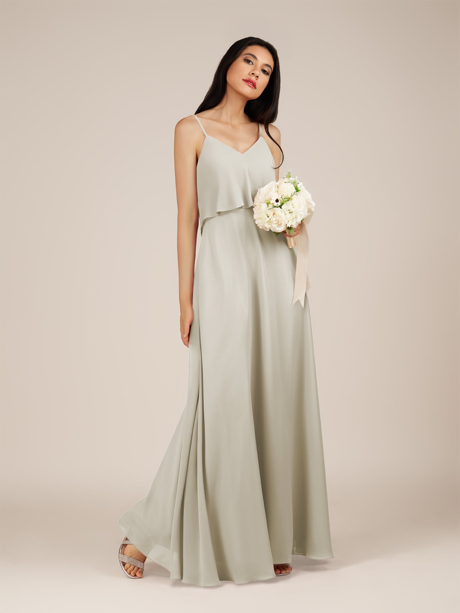 KissDress-Branwyn Dove Gray A Line V Neck Chiffon Long Bridesmaid Dress with Ruffles