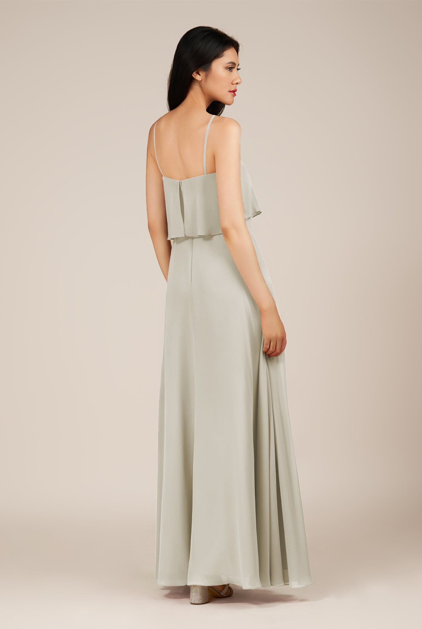 KissDress-Branwyn Dove Gray A Line V Neck Chiffon Long Bridesmaid Dress with Ruffles