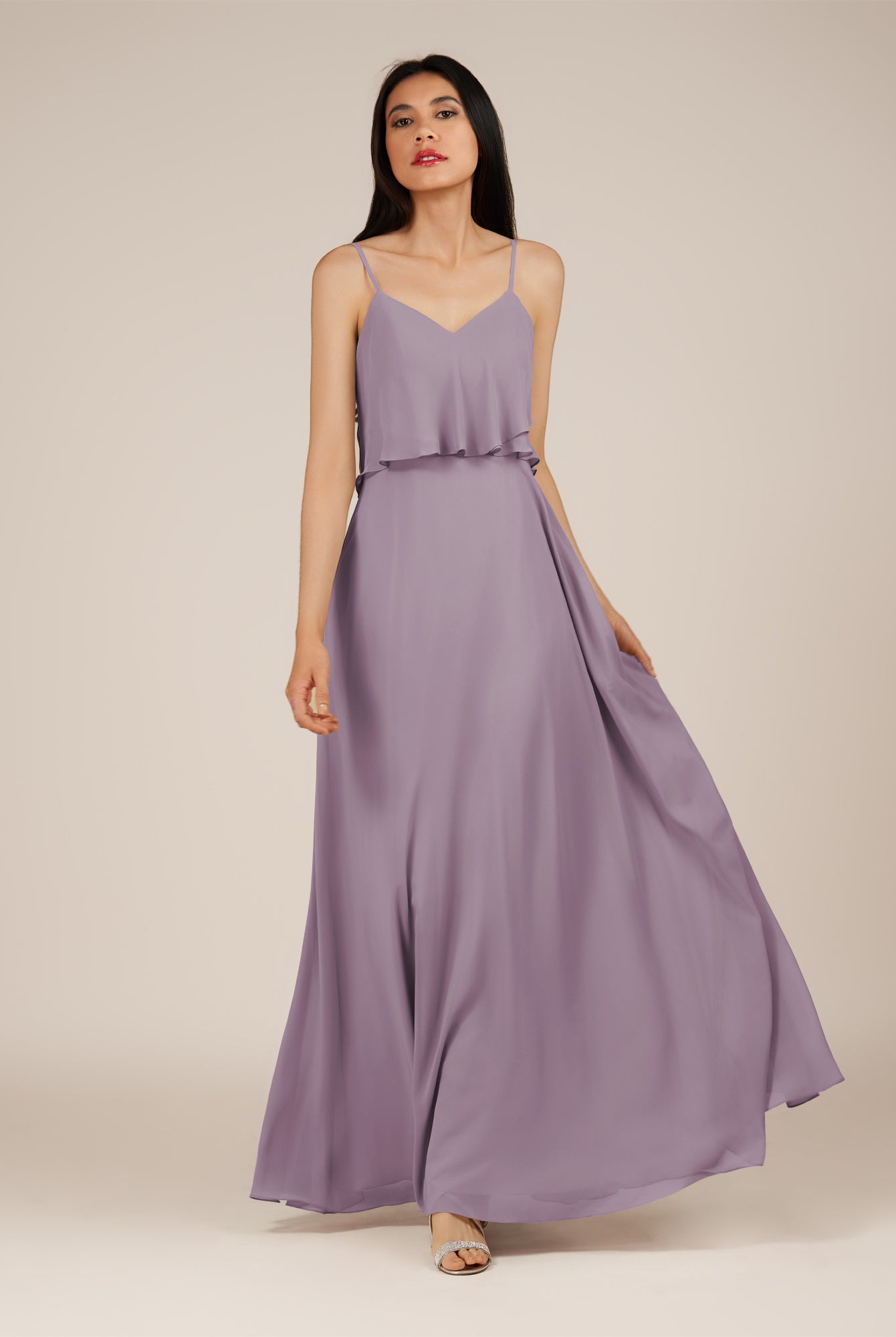 KissDress-Branwyn Dusk A Line V Neck Chiffon Long Bridesmaid Dress with Ruffles
