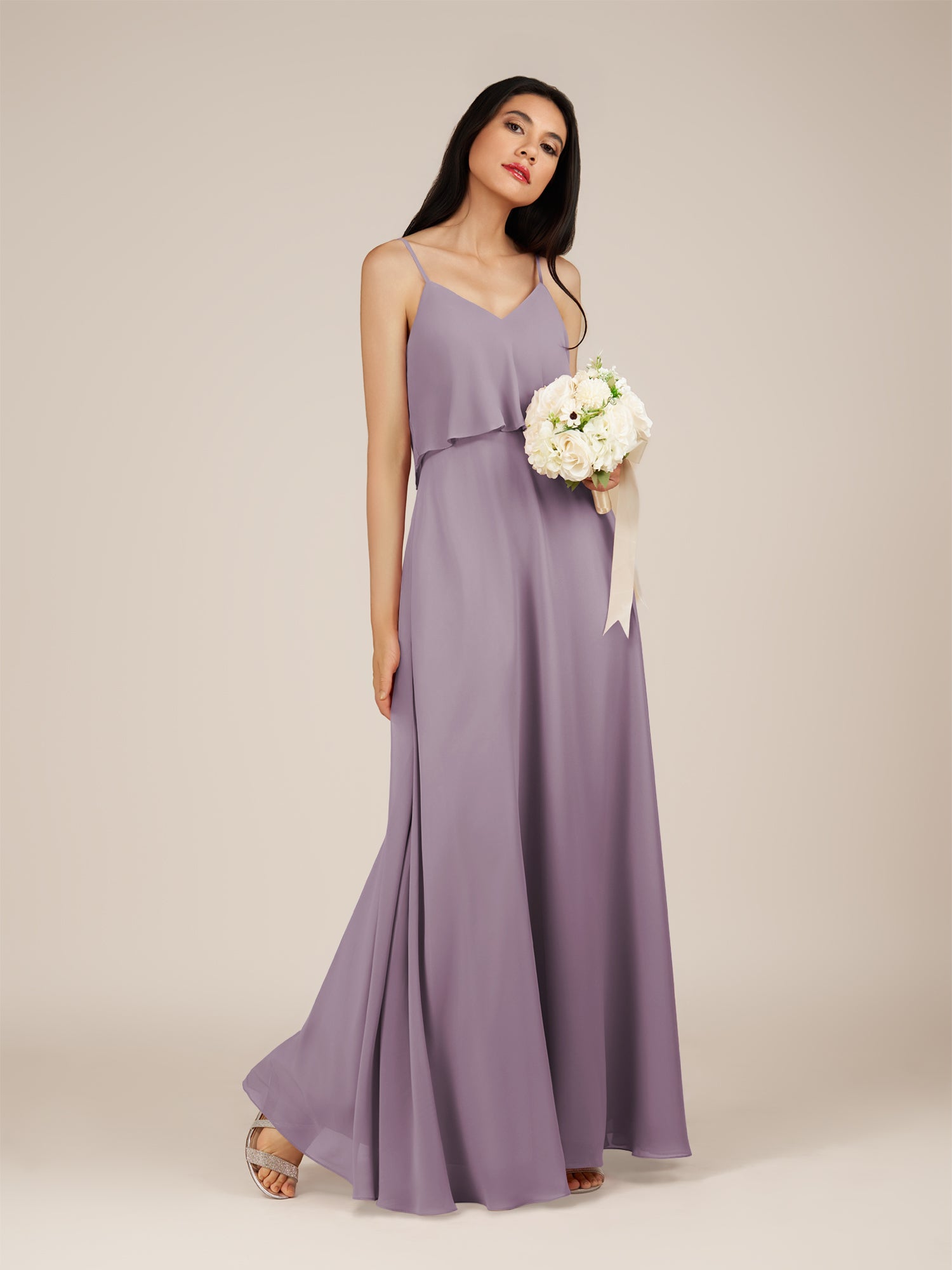 KissDress-Branwyn Dusk A Line V Neck Chiffon Long Bridesmaid Dress with Ruffles