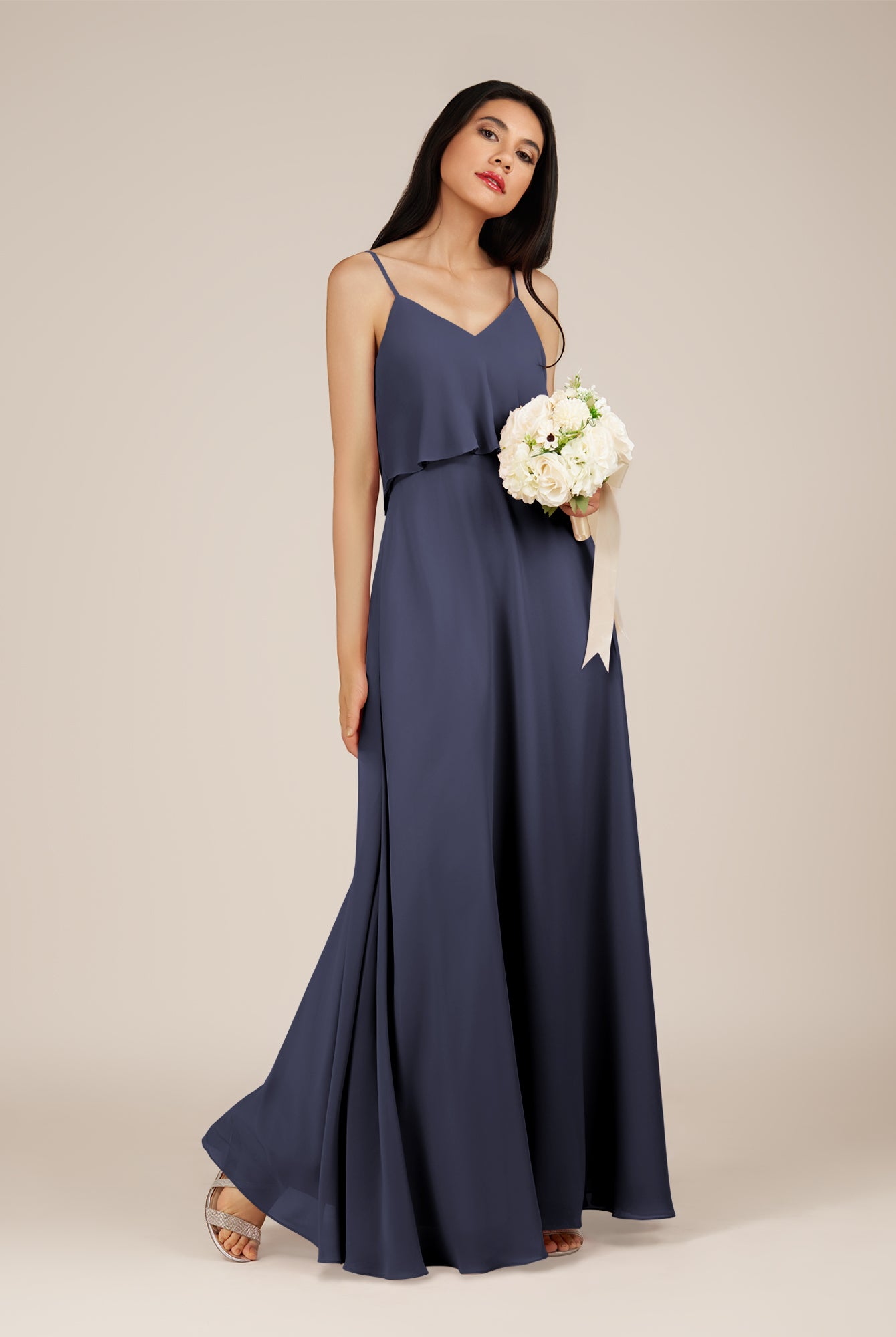KissDress-Branwyn Dusk Blue A Line V Neck Chiffon Long Bridesmaid Dress with Ruffles
