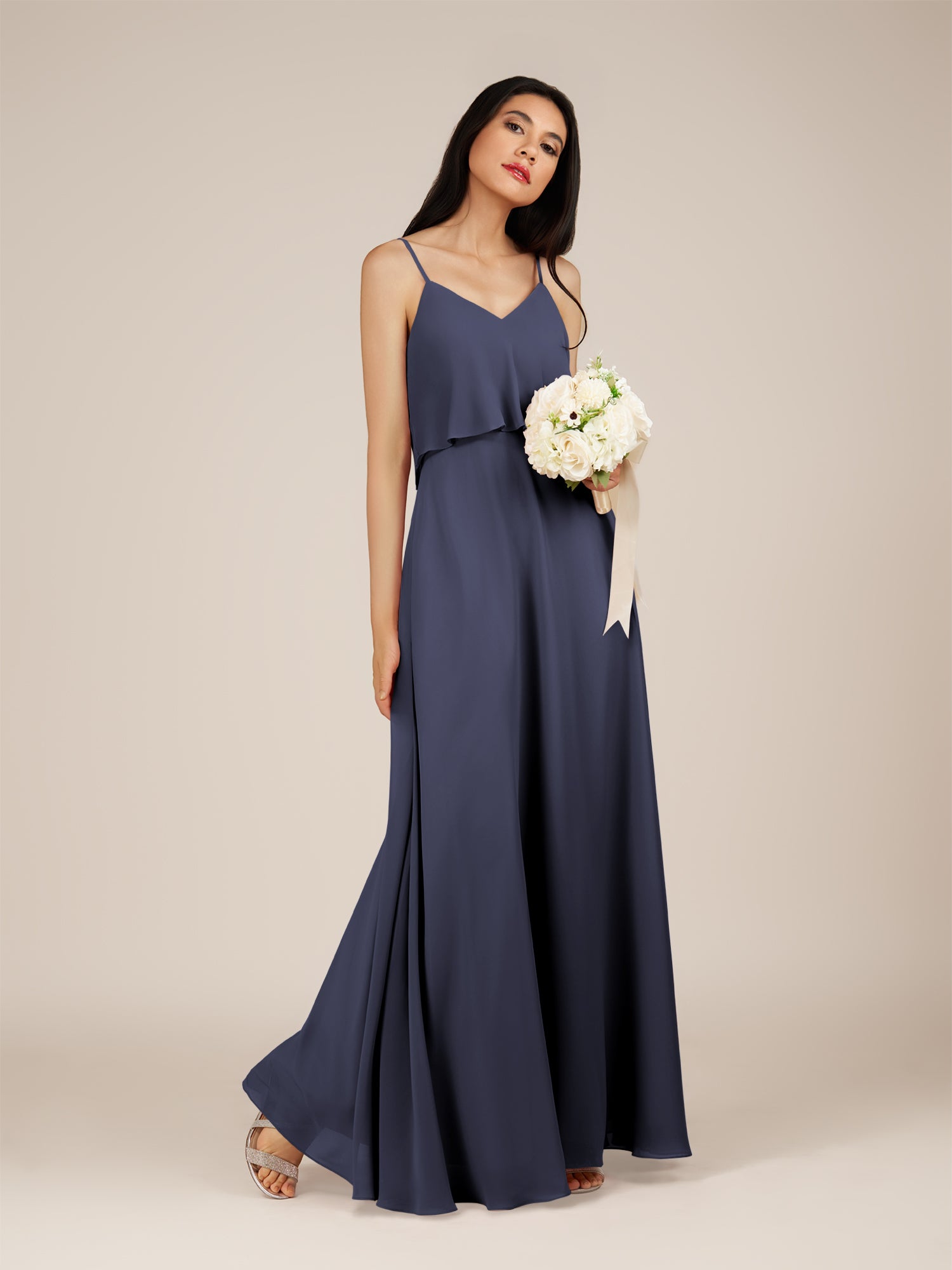 KissDress-Branwyn Dusk Blue A Line V Neck Chiffon Long Bridesmaid Dress with Ruffles