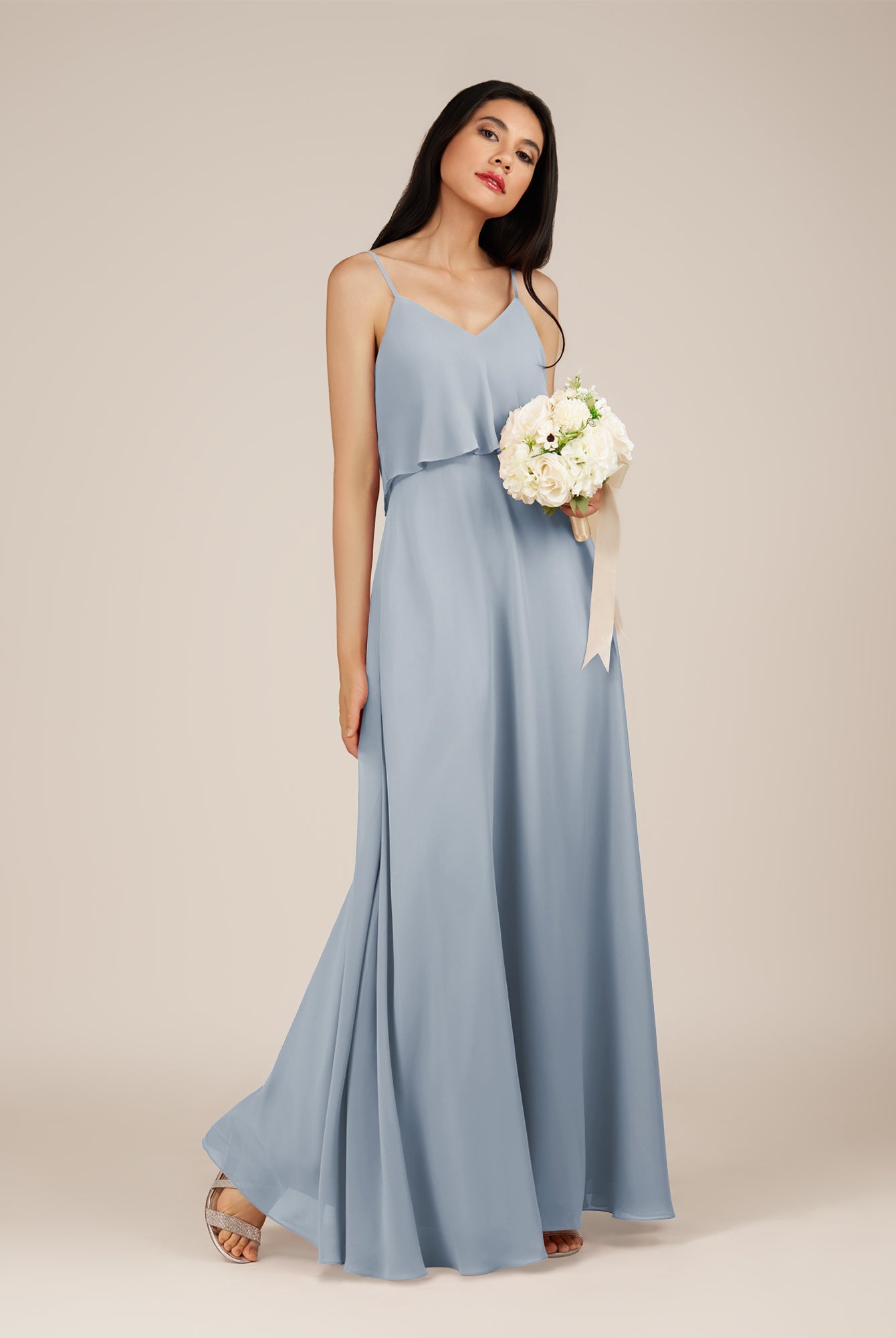 KissDress-Branwyn Dusty Blue A Line V Neck Chiffon Long Bridesmaid Dress with Ruffles