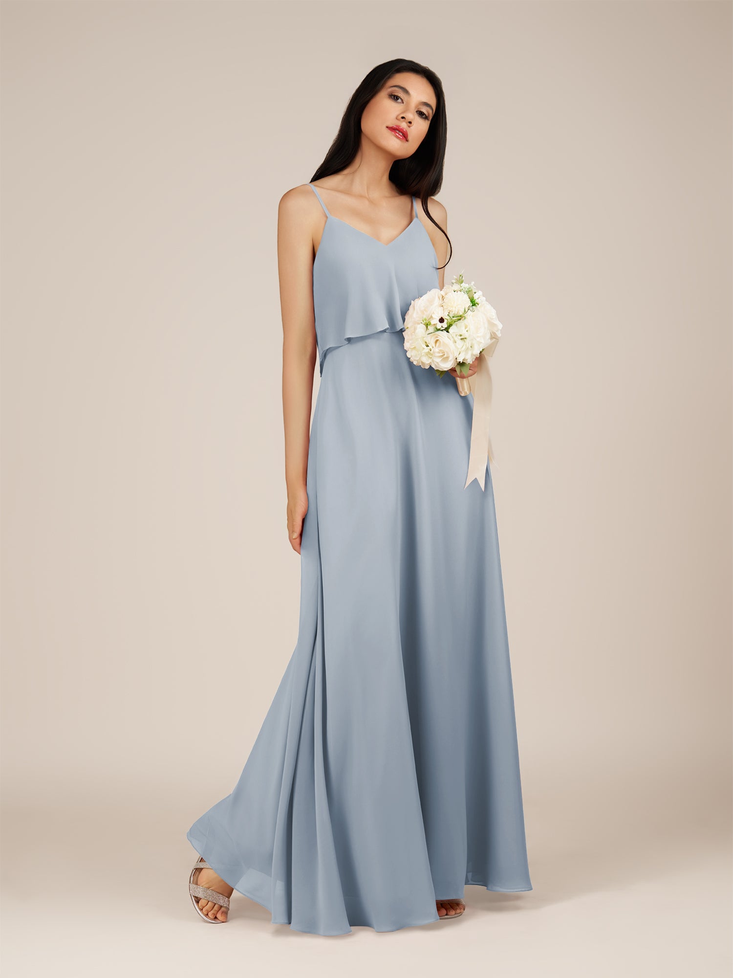 KissDress-Branwyn Dusty Blue A Line V Neck Chiffon Long Bridesmaid Dress with Ruffles