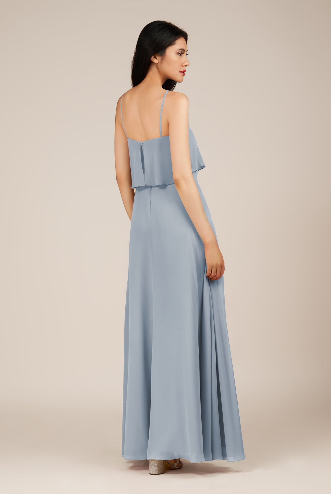 KissDress-Branwyn Dusty Blue A Line V Neck Chiffon Long Bridesmaid Dress with Ruffles