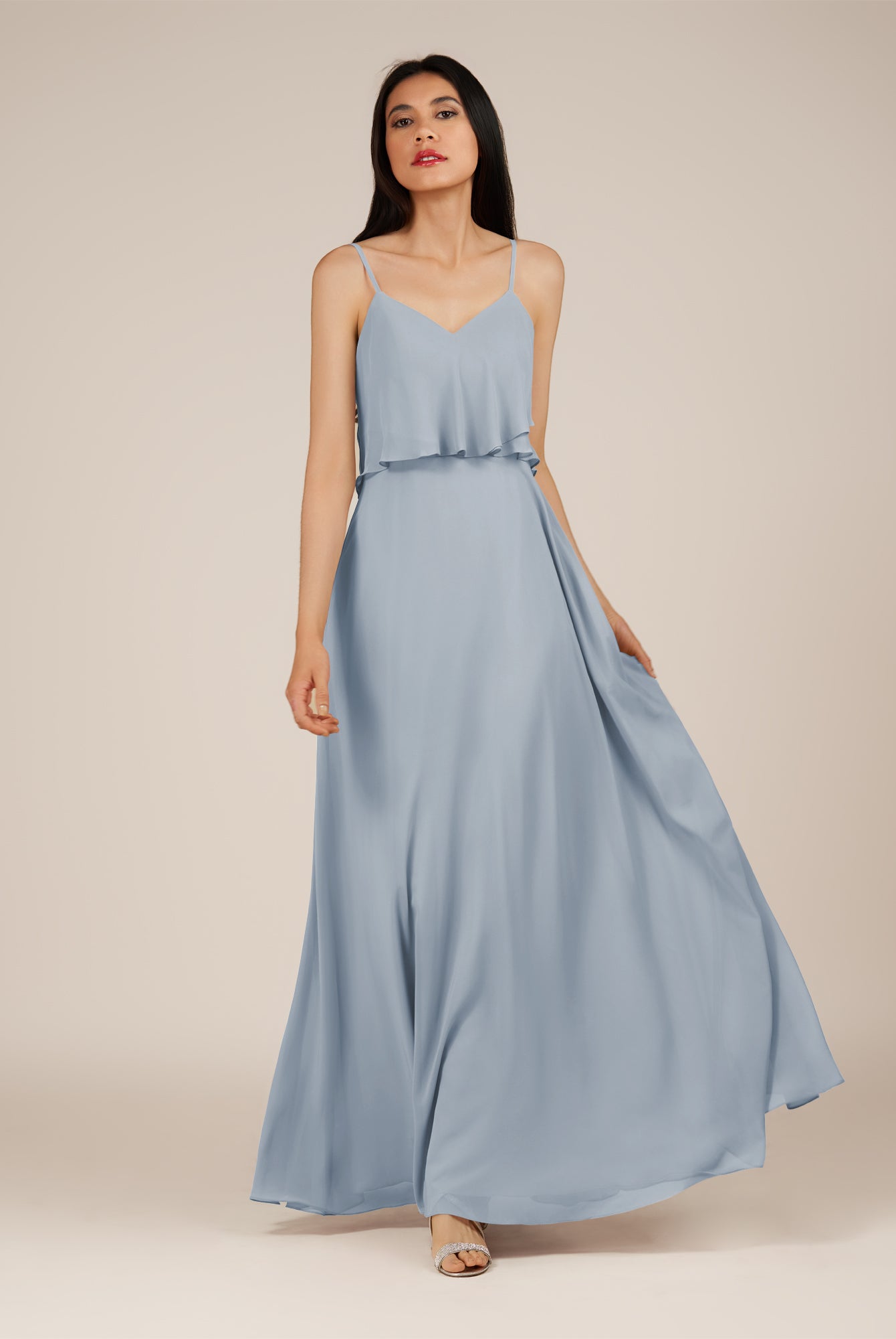 KissDress-Branwyn Dusty Blue A Line V Neck Chiffon Long Bridesmaid Dress with Ruffles