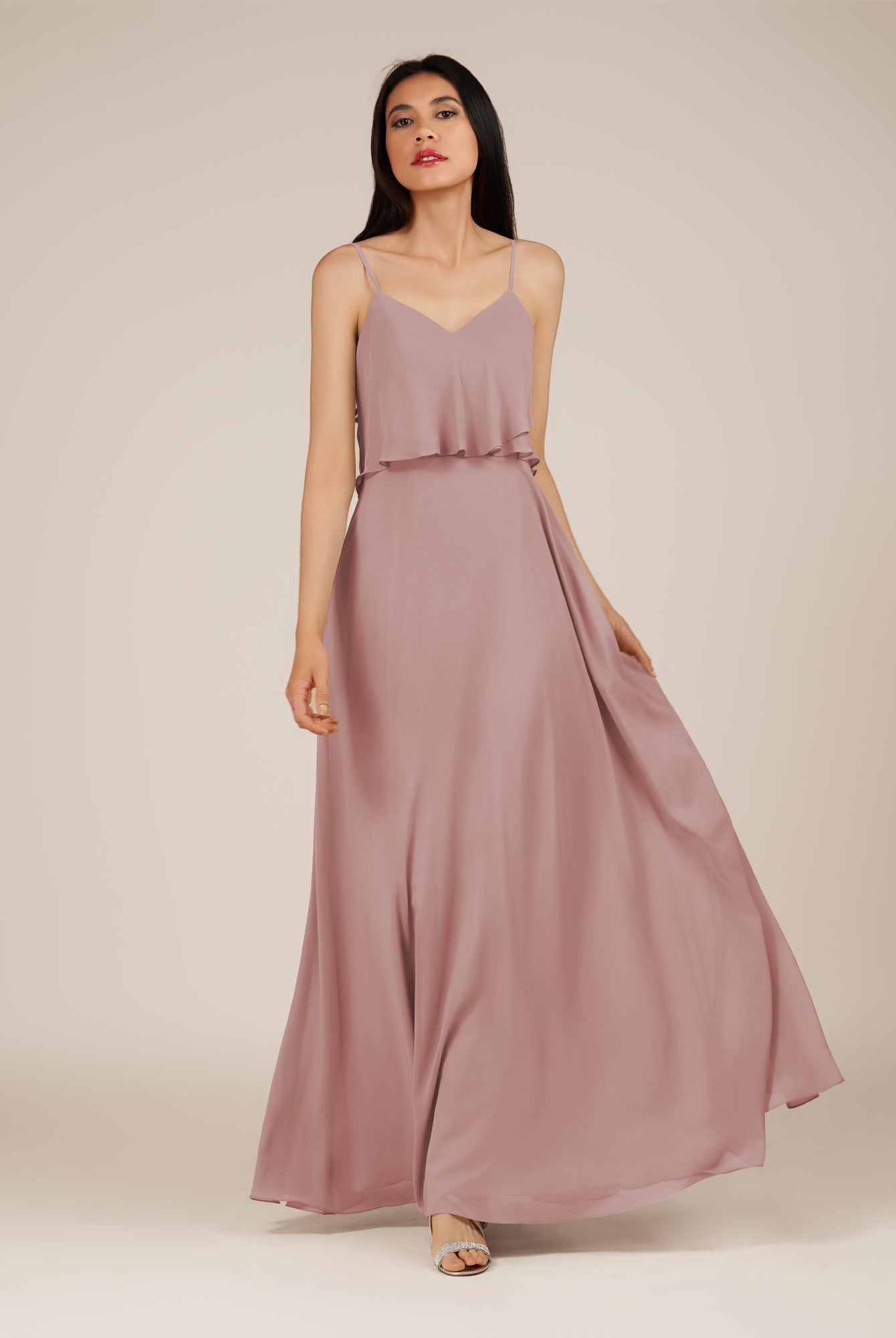 KissDress-Branwyn Dusty Rose A Line V Neck Chiffon Long Bridesmaid Dress with Ruffles