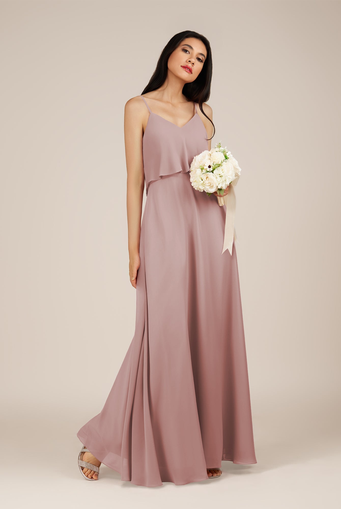 KissDress-Branwyn Dusty Rose A Line V Neck Chiffon Long Bridesmaid Dress with Ruffles