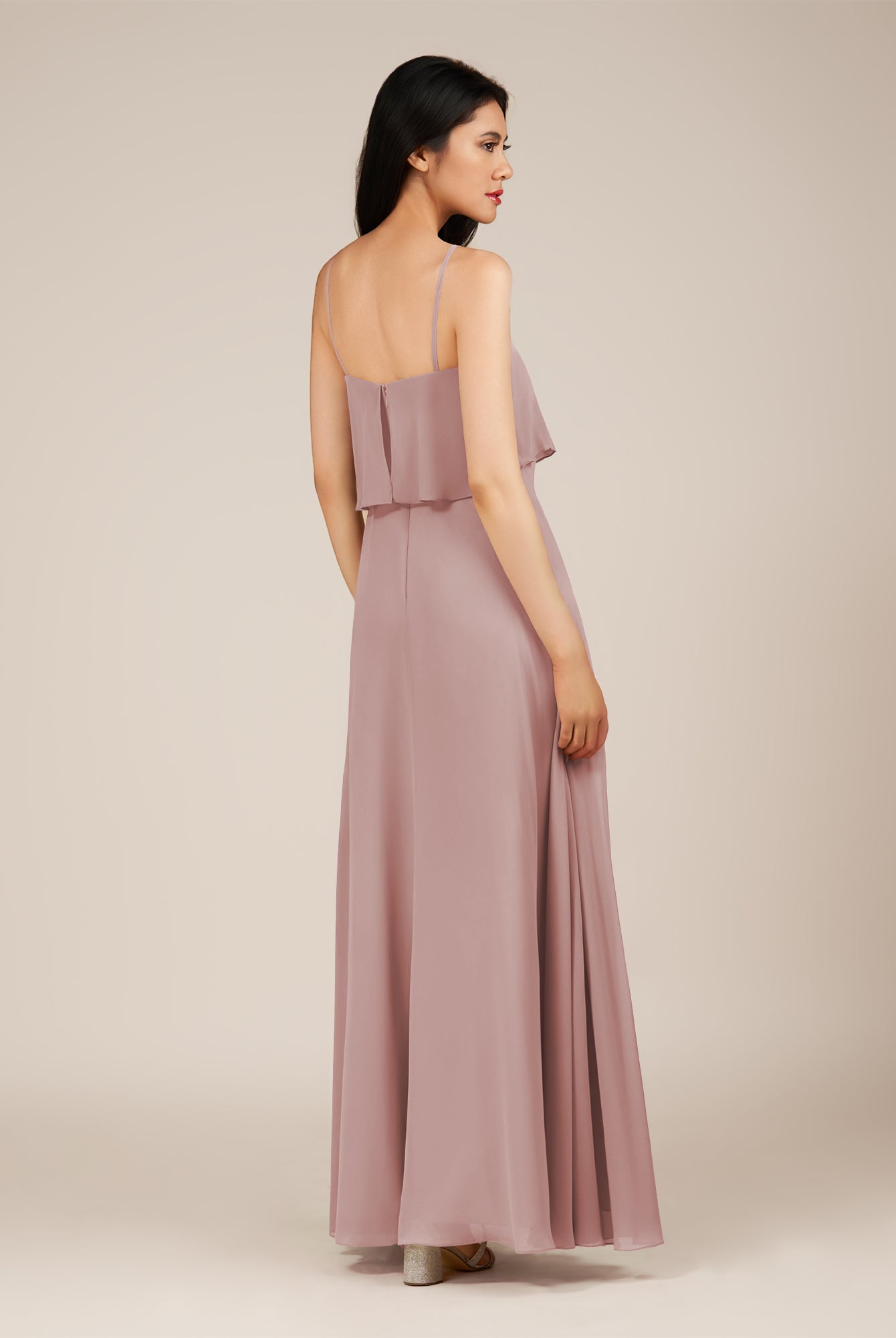 KissDress-Branwyn Dusty Rose A Line V Neck Chiffon Long Bridesmaid Dress with Ruffles