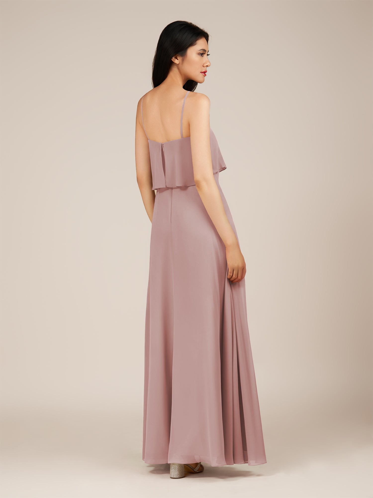 KissDress-Branwyn Dusty Rose A Line V Neck Chiffon Long Bridesmaid Dress with Ruffles