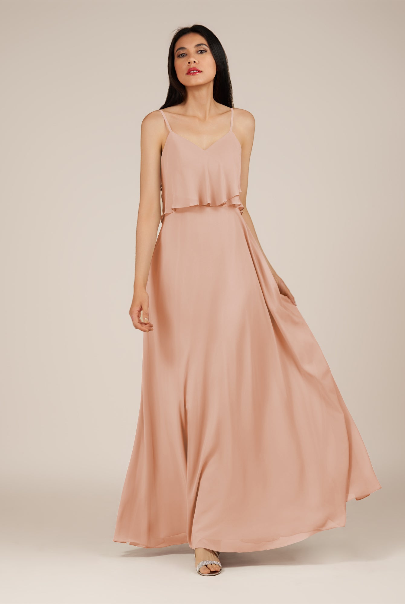 KissDress-Branwyn English Rose A Line V Neck Chiffon Long Bridesmaid Dress with Ruffles